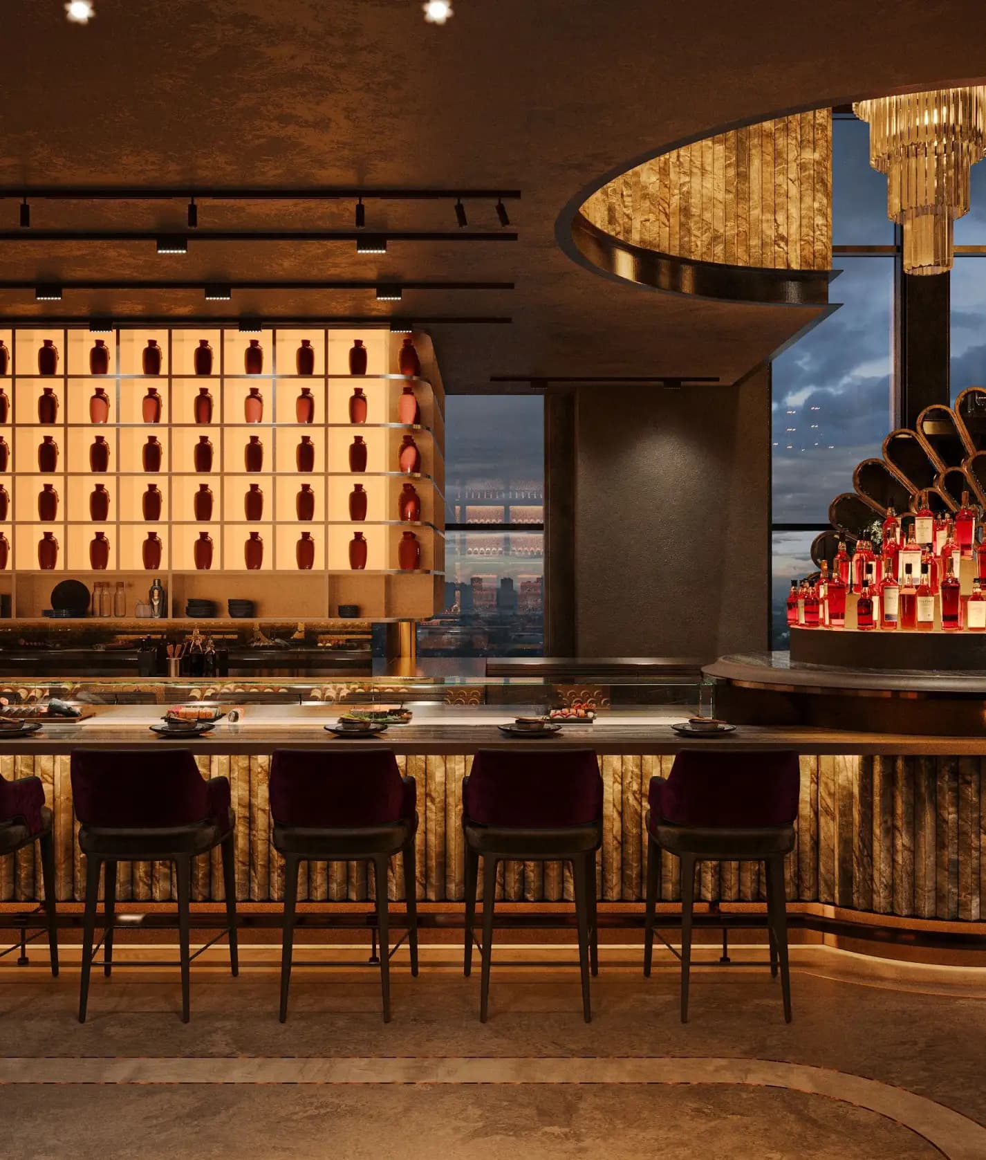 Zaxi Restaurant bar counter with round pendant lighting and a panoramic dusk city view through floor-to-ceiling windows
