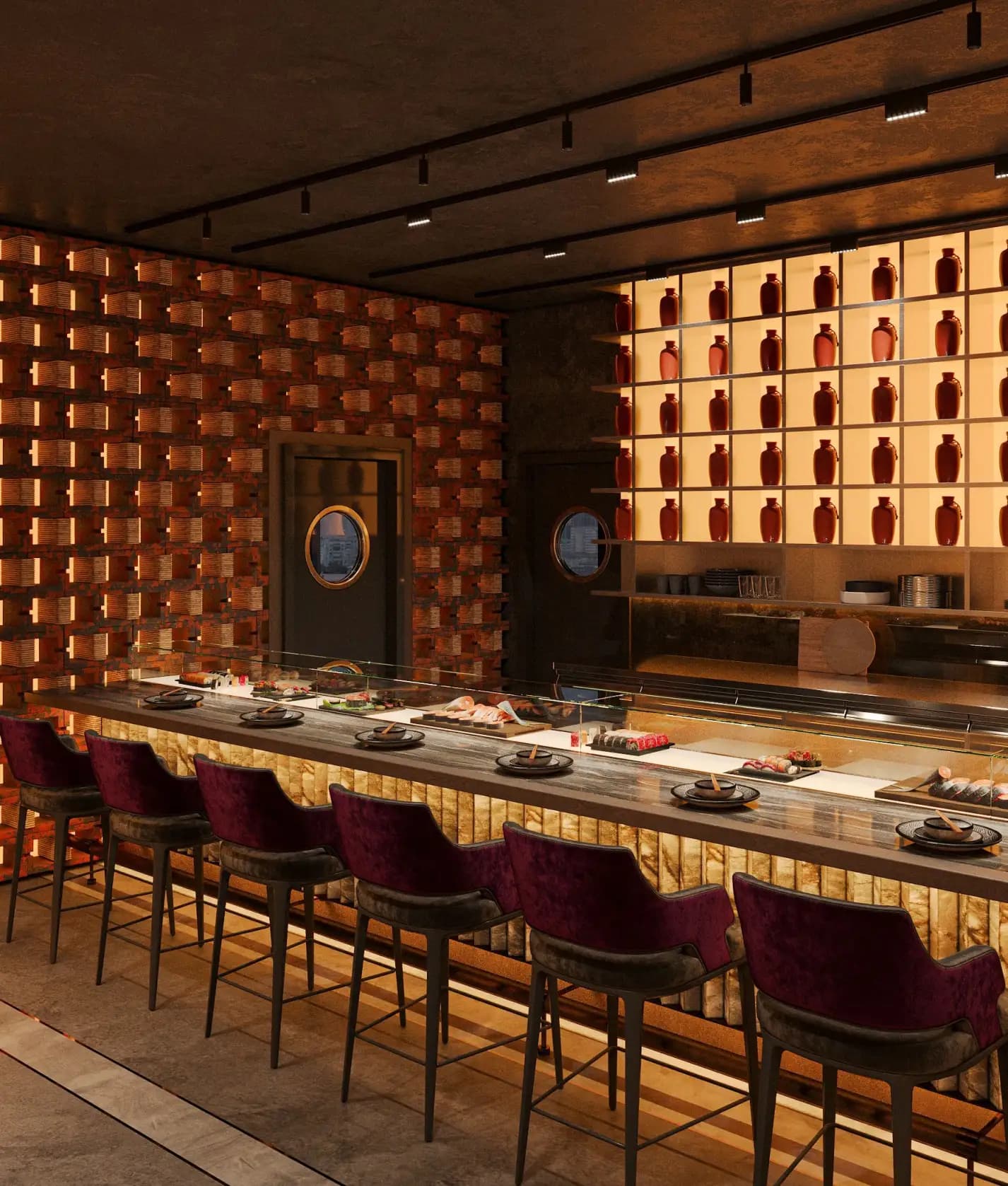 Zaxi Restaurant sushi bar counter with dark timber cladding, illuminated wine bottle display wall and burgundy velvet stools