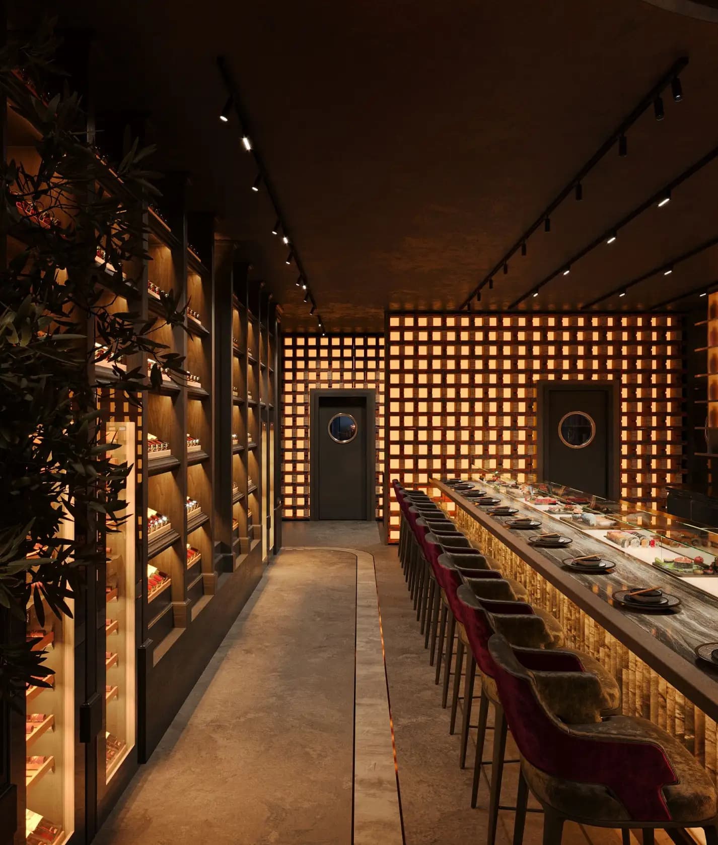 Backlit perforated wood corridor at Zaxi Restaurant leading toward intimate dining seating