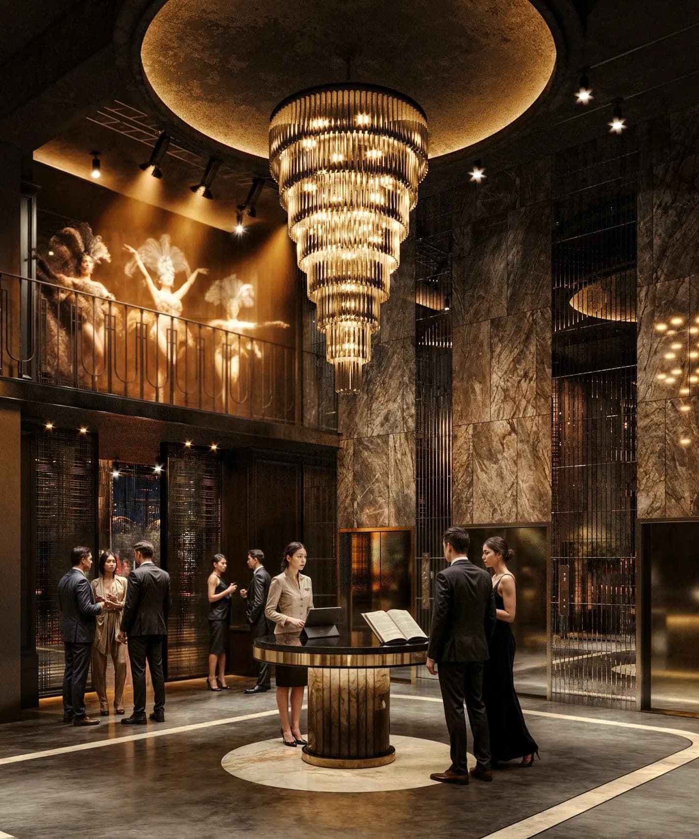 Two-level lounge at Zaxi Restaurant with a chandelier-style pendant fixture, stone-clad walls and illuminated bottle display columns