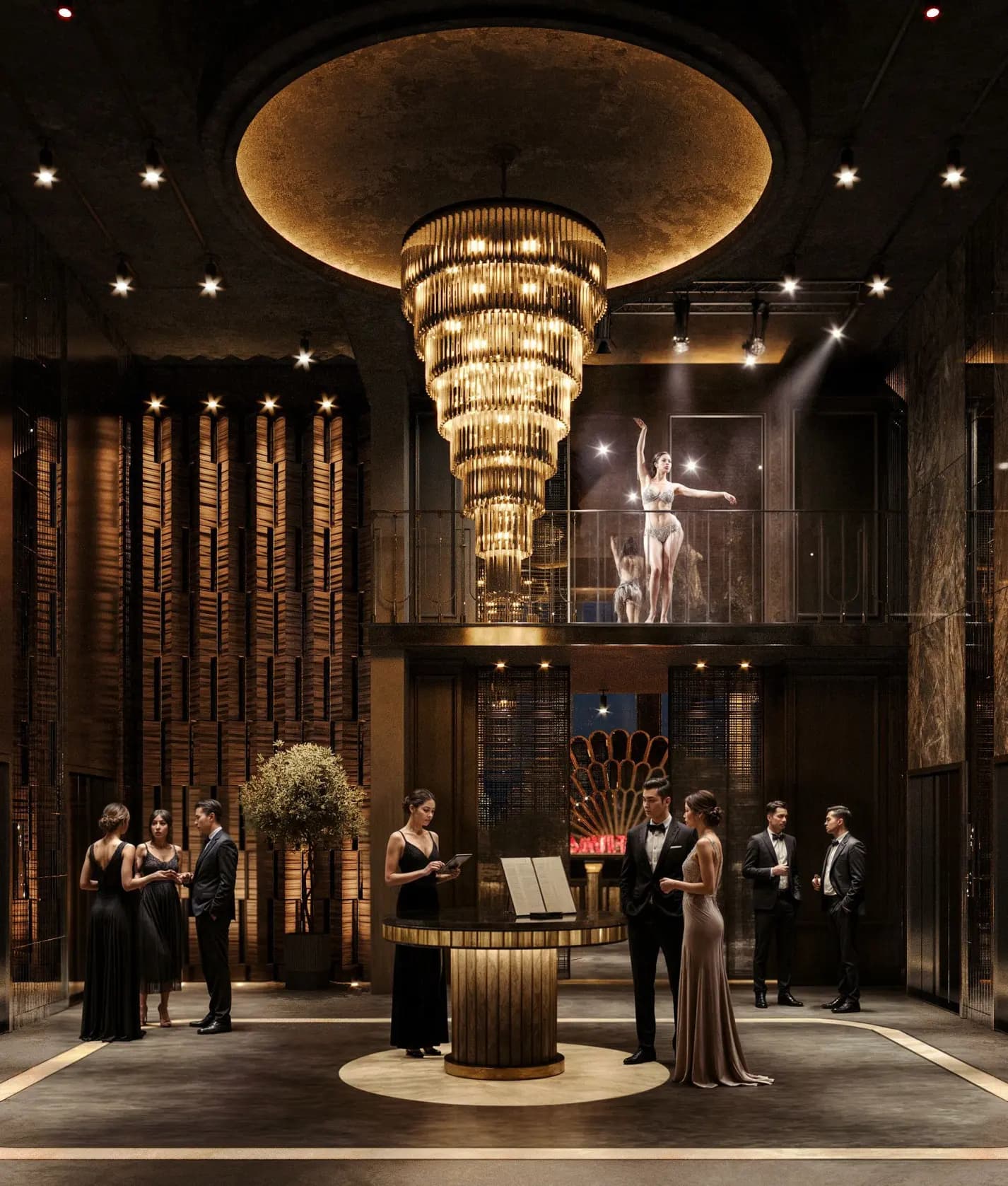 Zaxi Restaurant mezzanine dining area with cascading pendant lighting above a live performance stage