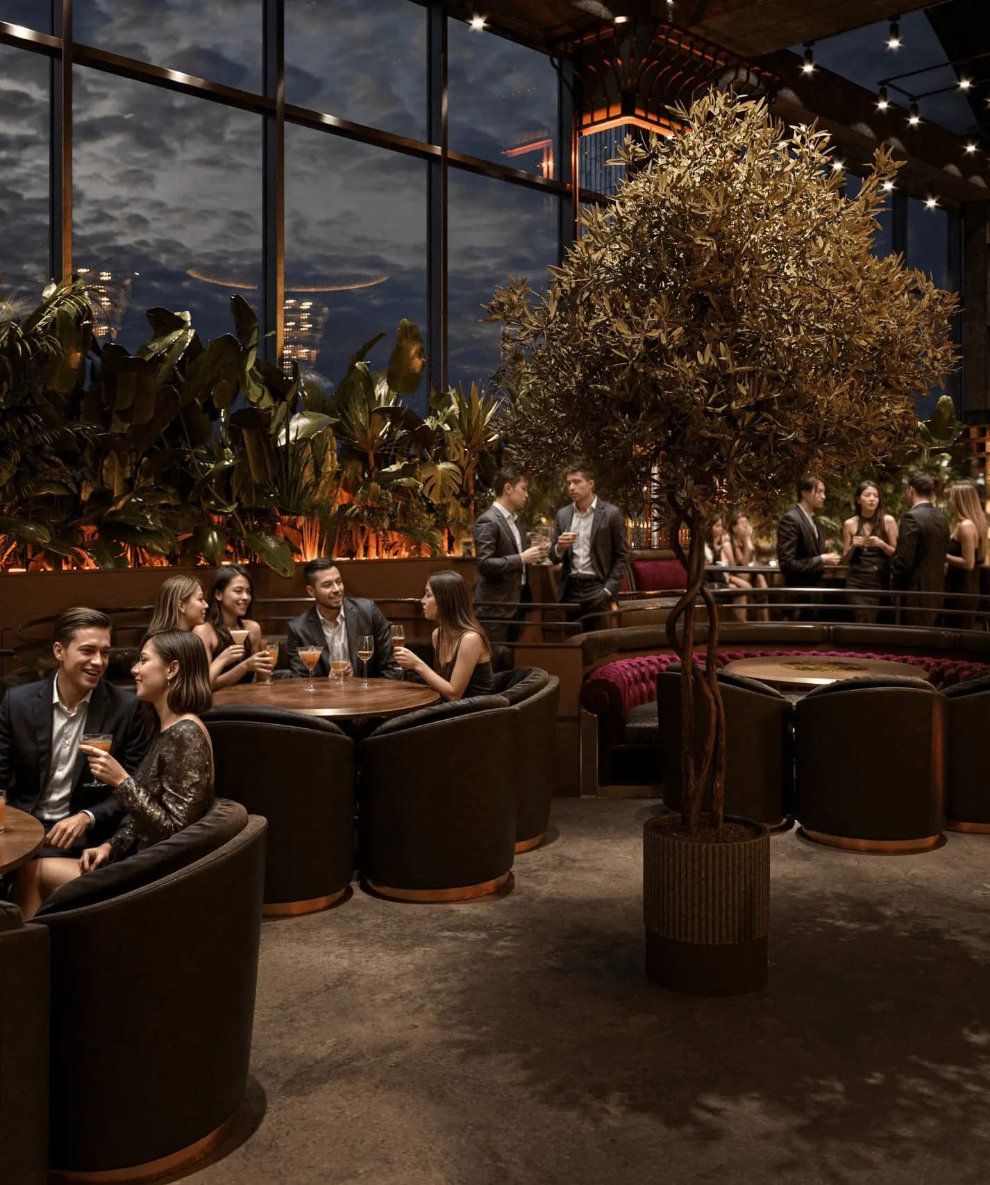 Circular velvet booths surrounded by lush greenery under warm string lighting at Zaxi Restaurant