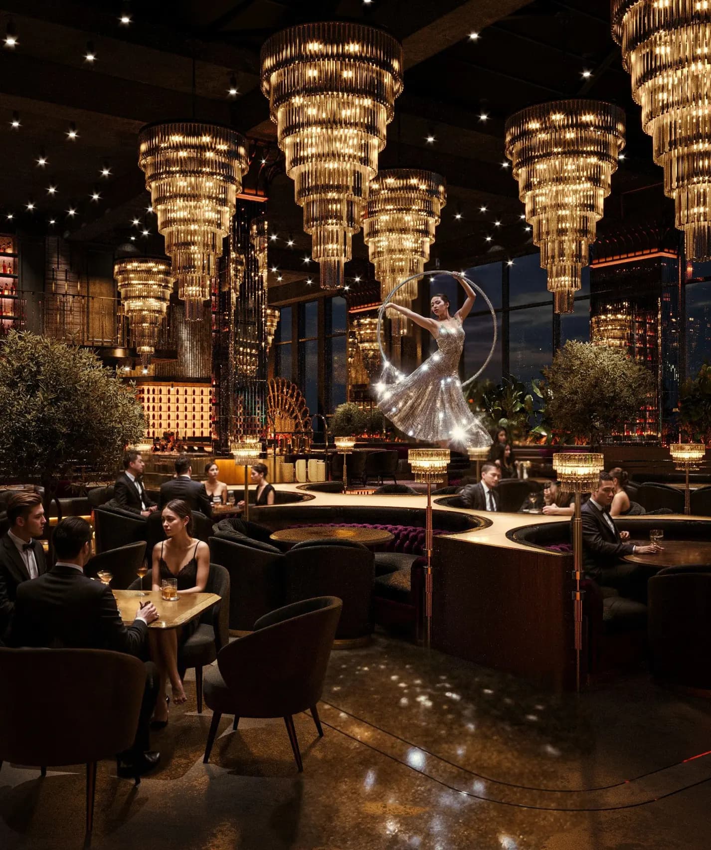 Cluster of dome-shaped rattan pendant lights above round dining tables at Zaxi Restaurant