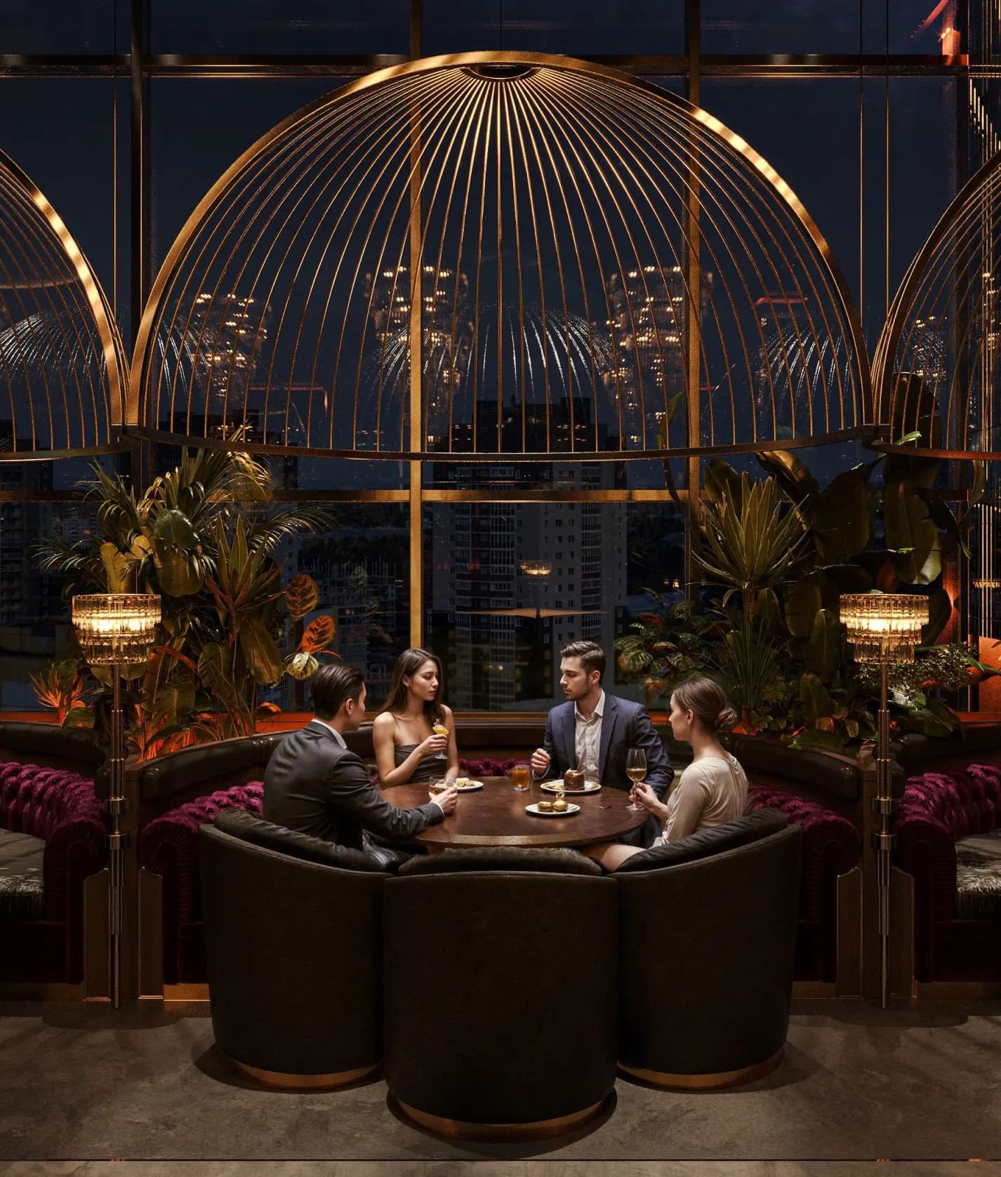 Domed pendant lighting over intimate booth seating with panoramic window views at Zaxi Restaurant