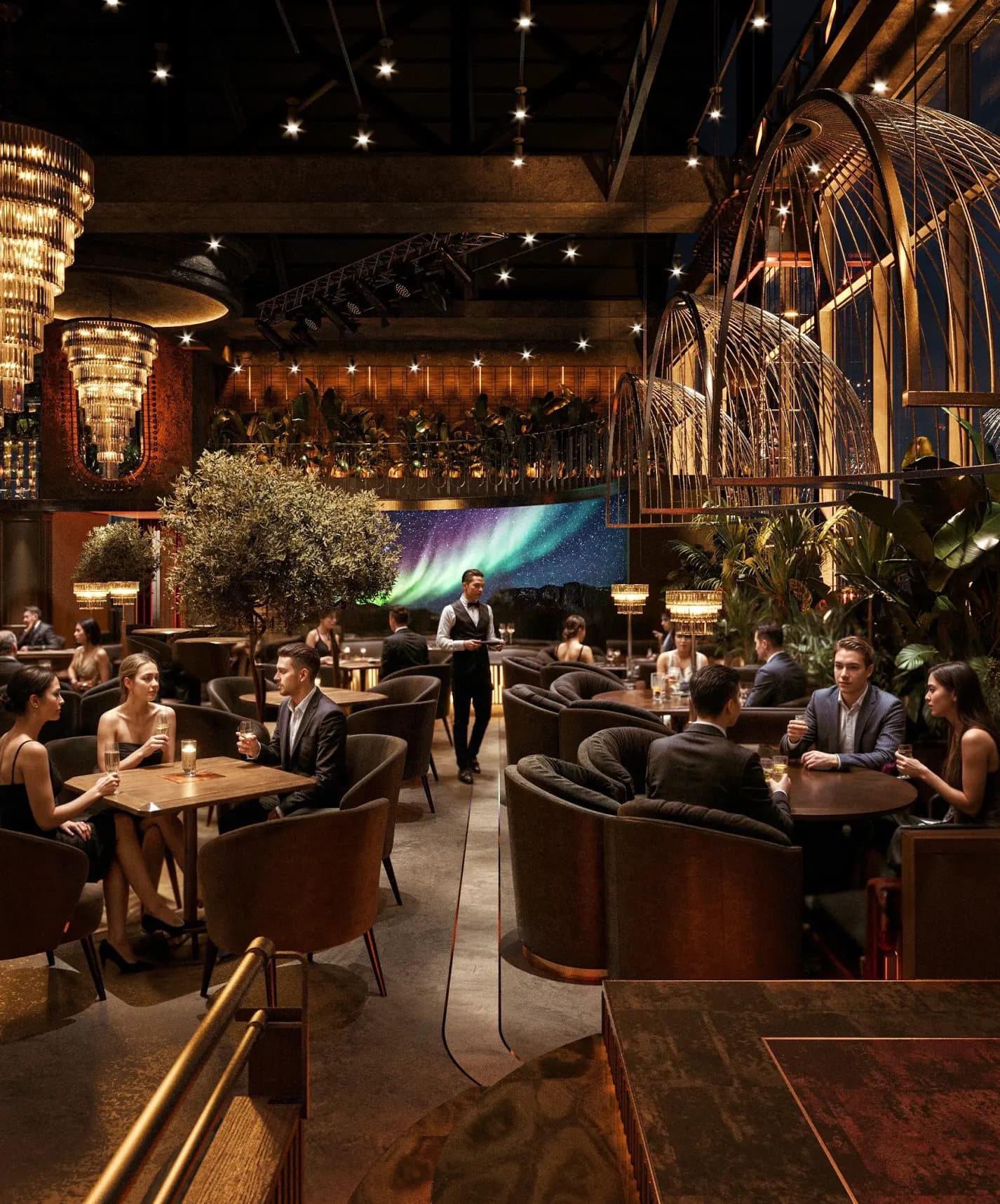 Zaxi Restaurant dining area with ambient stage lighting and clustered seating