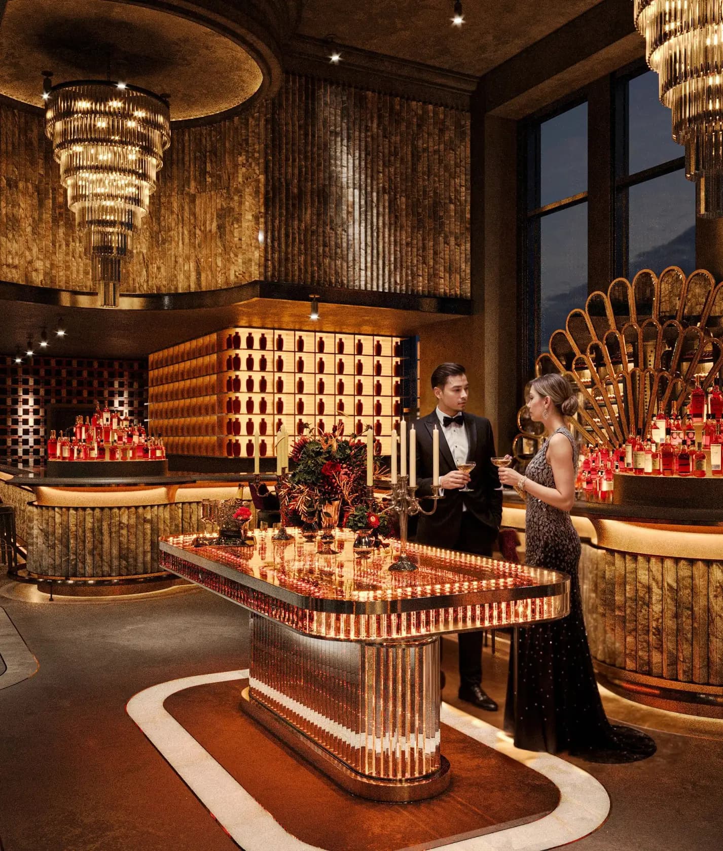 Backlit bottle display bar with a patterned wood screen wall at Zaxi Restaurant