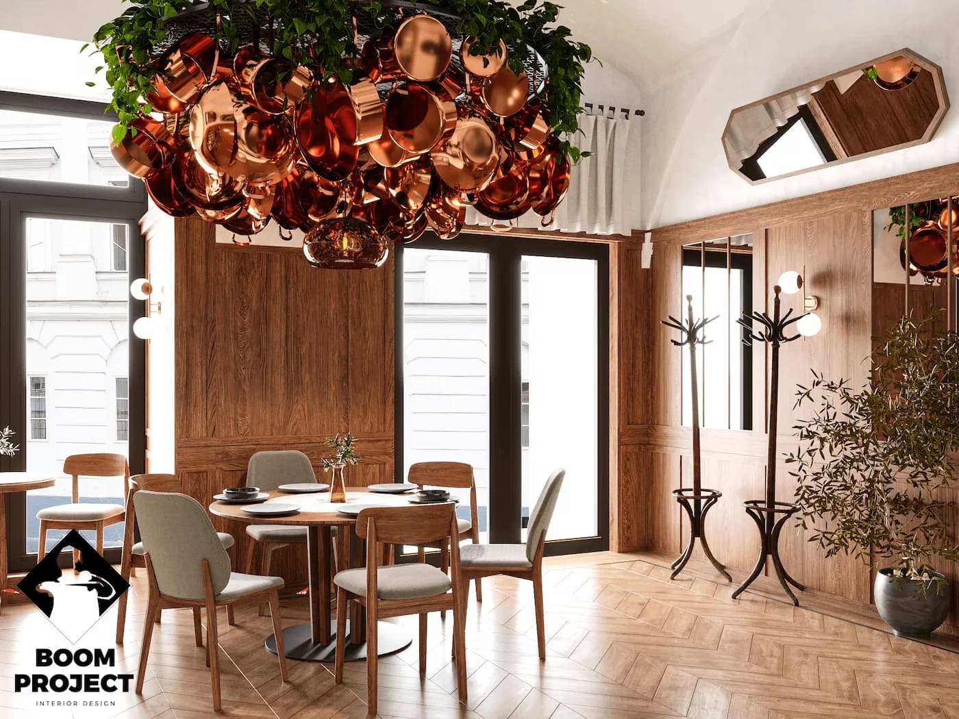 Intimate restaurant dining area with suspended copper cookware, timber wall panels and warm lighting