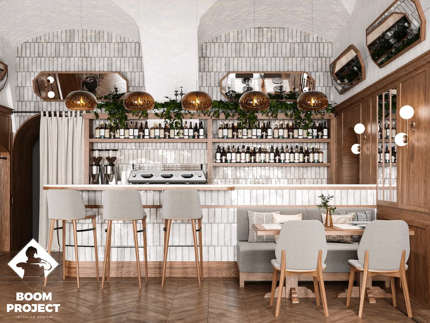 Irodion Greek restaurant bar in Vienna with copper pan ceiling installation and natural timber finishes