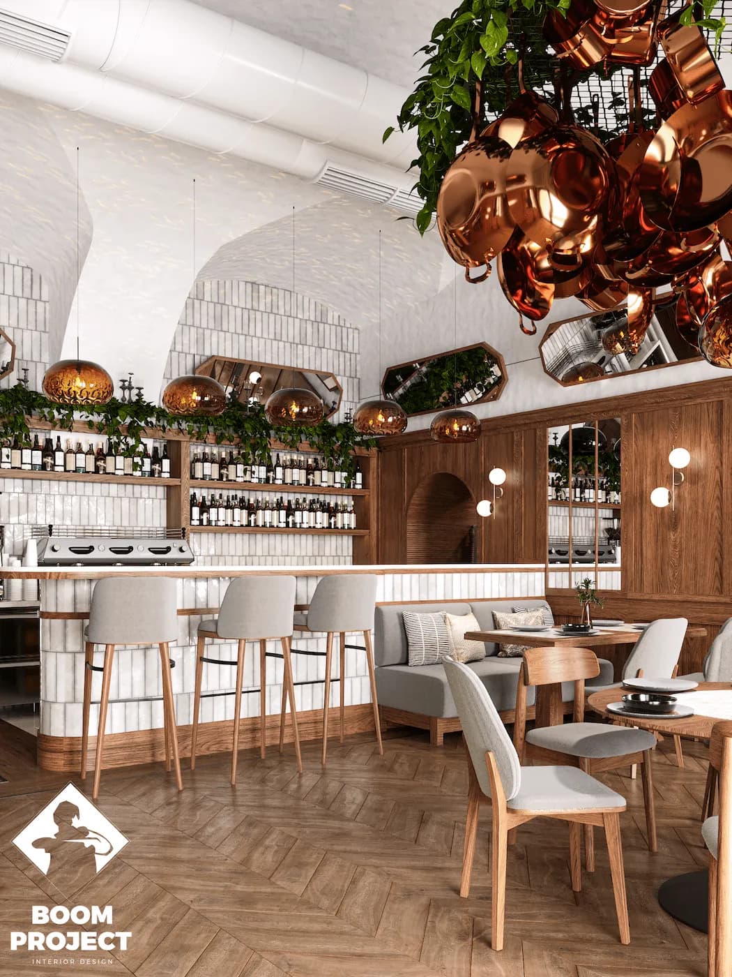 Irodion Greek restaurant in Vienna with a sculptural ceiling of copper pans, natural timber and warm neutral finishes