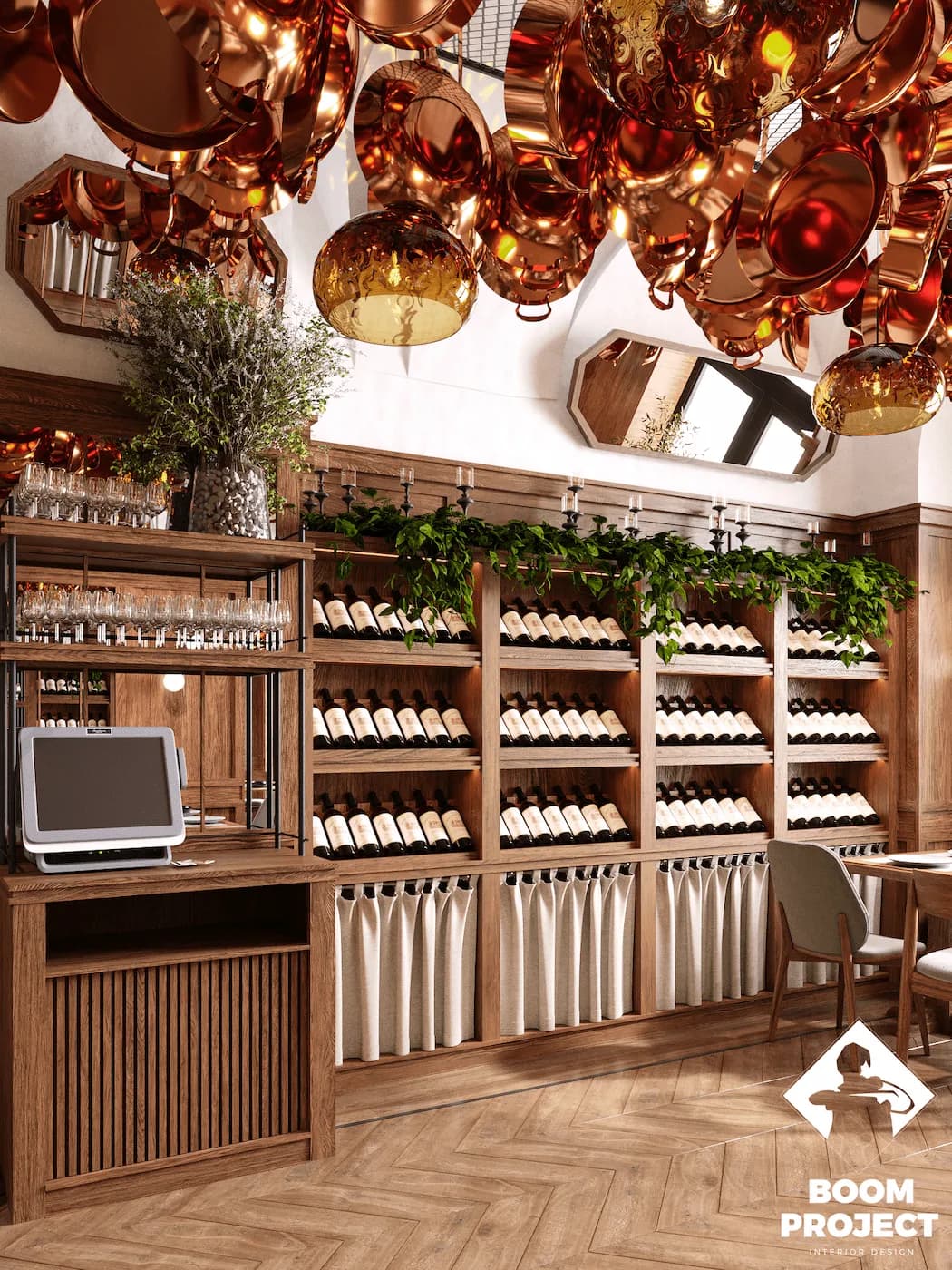 Irodion bar with timber shelving, bottle display and sculptural copper pan ceiling