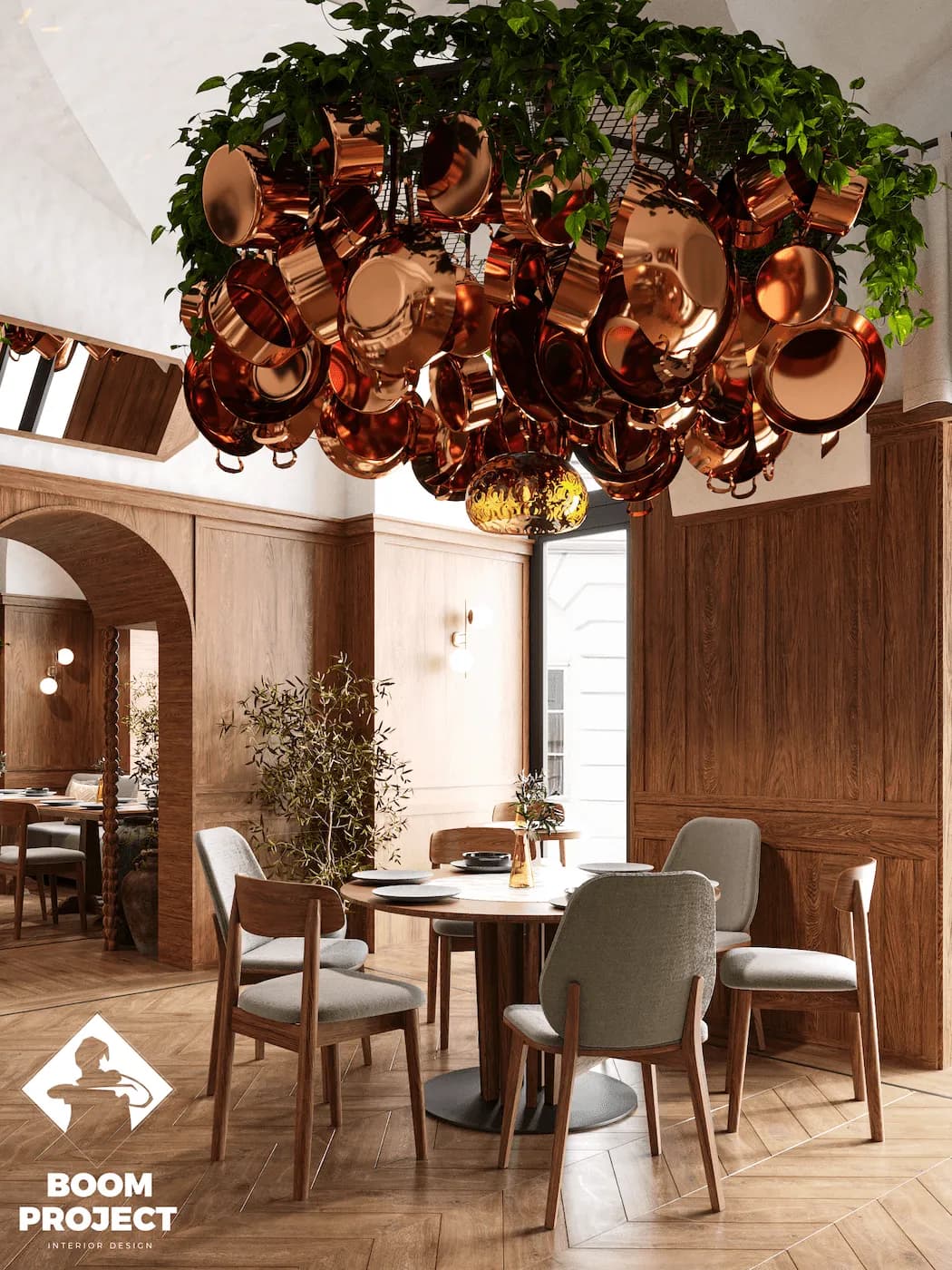 Greek restaurant dining area with copper cookware installation and warm neutral finishes