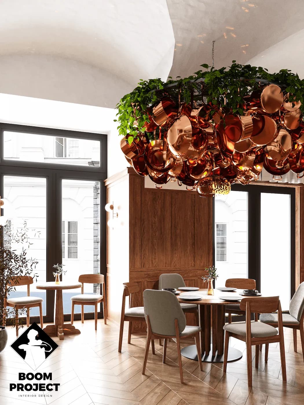 Light-filled Irodion interior with natural timber furniture and panoramic street windows