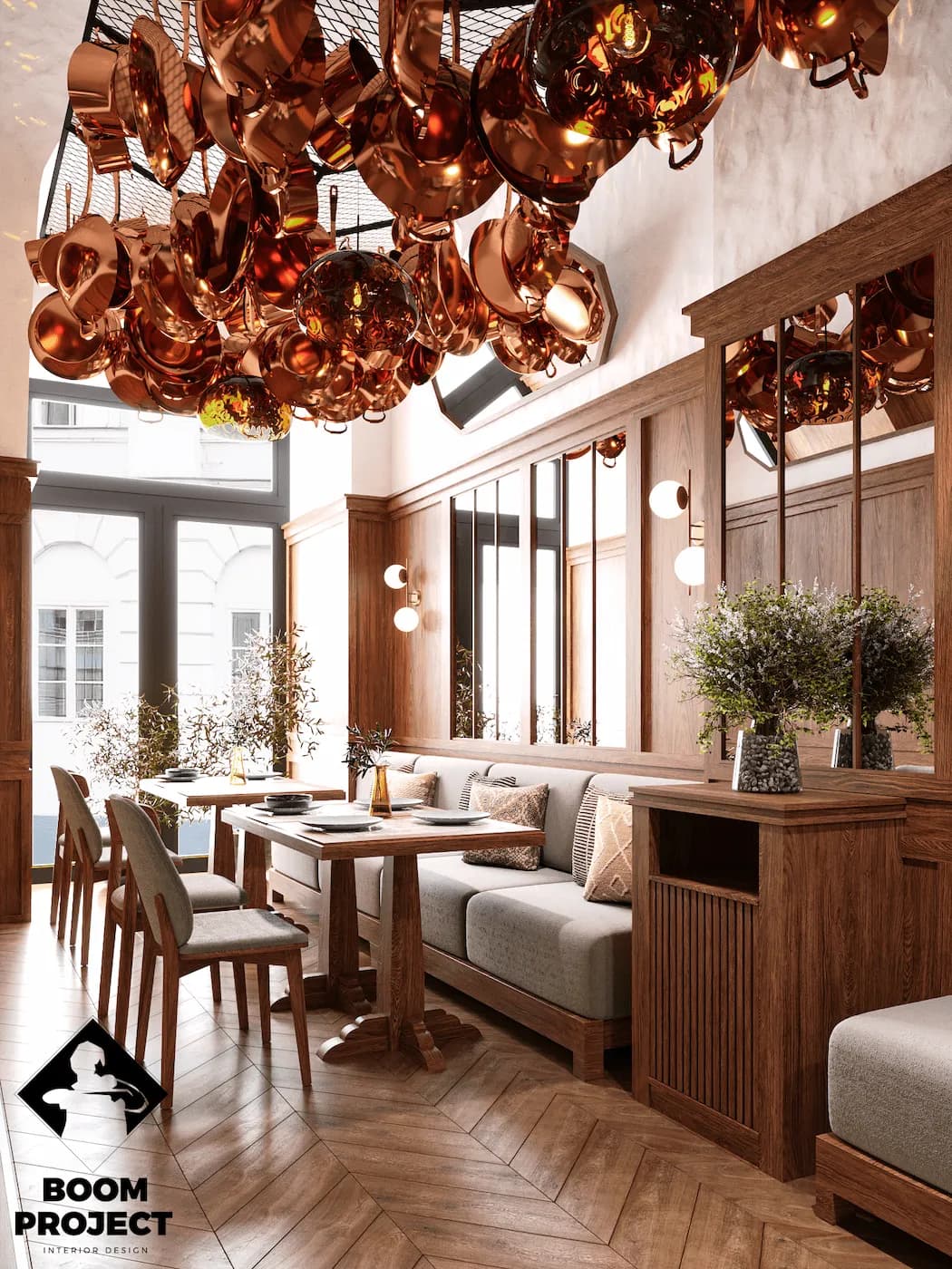 Window-side dining area with custom tables, upholstered chairs and warm pendant lights