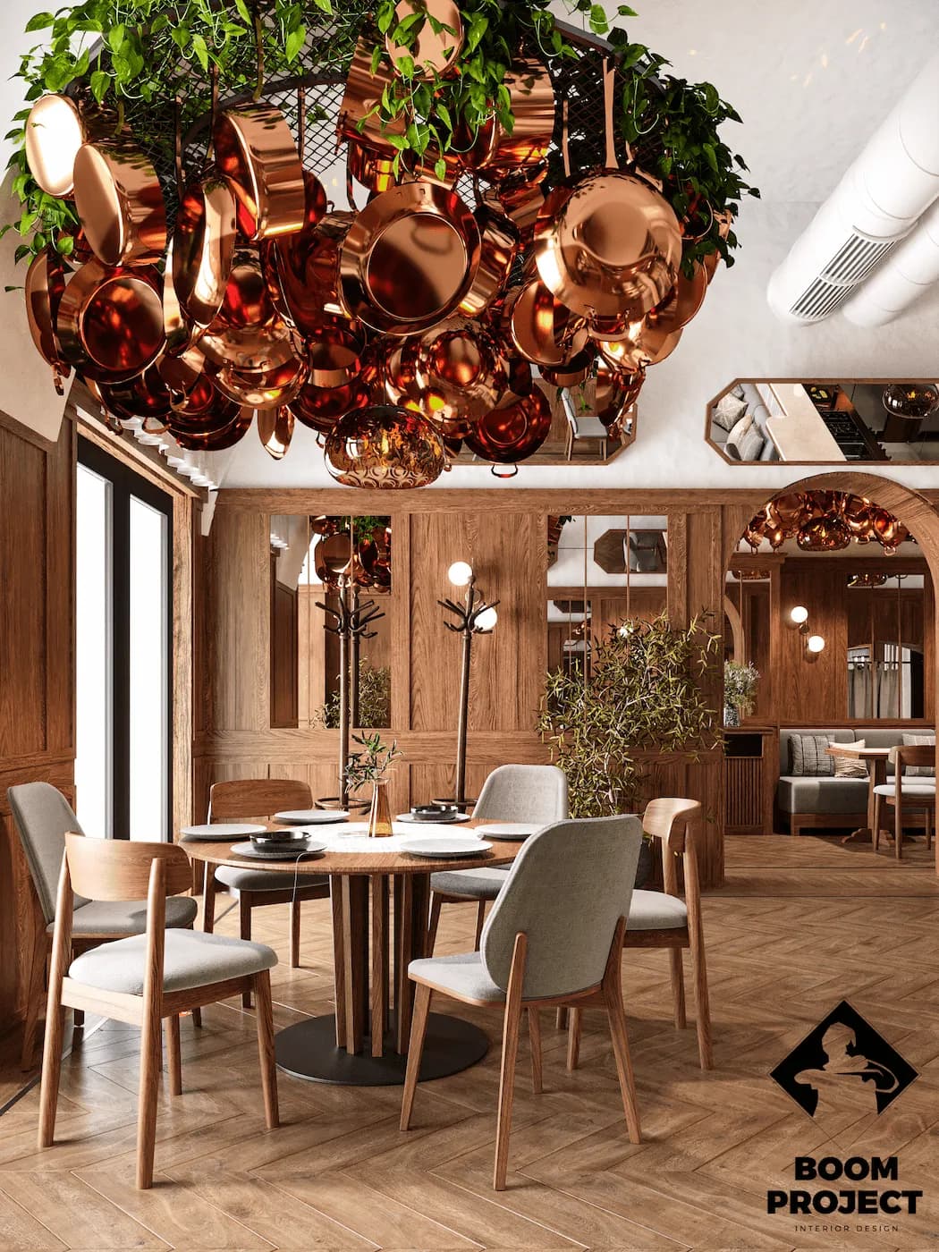 Vienna Greek restaurant with natural wood furniture, copper ceiling feature and soft lighting