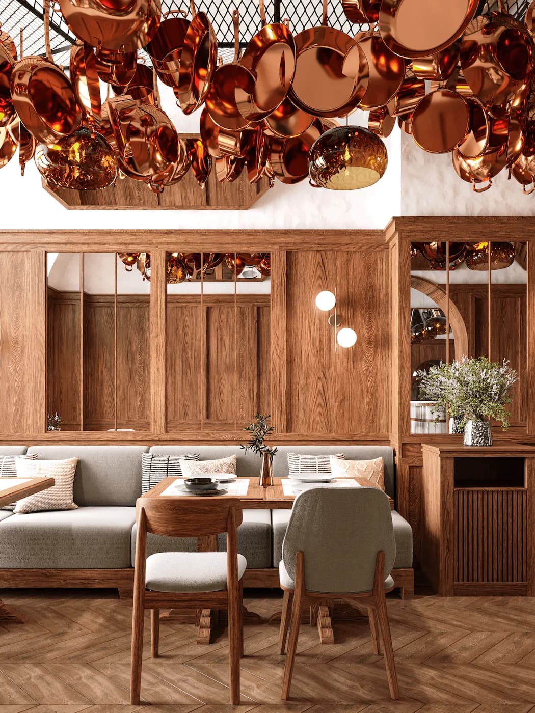 Intimate banquette seating with timber wall panels, patterned cushions and integrated lighting