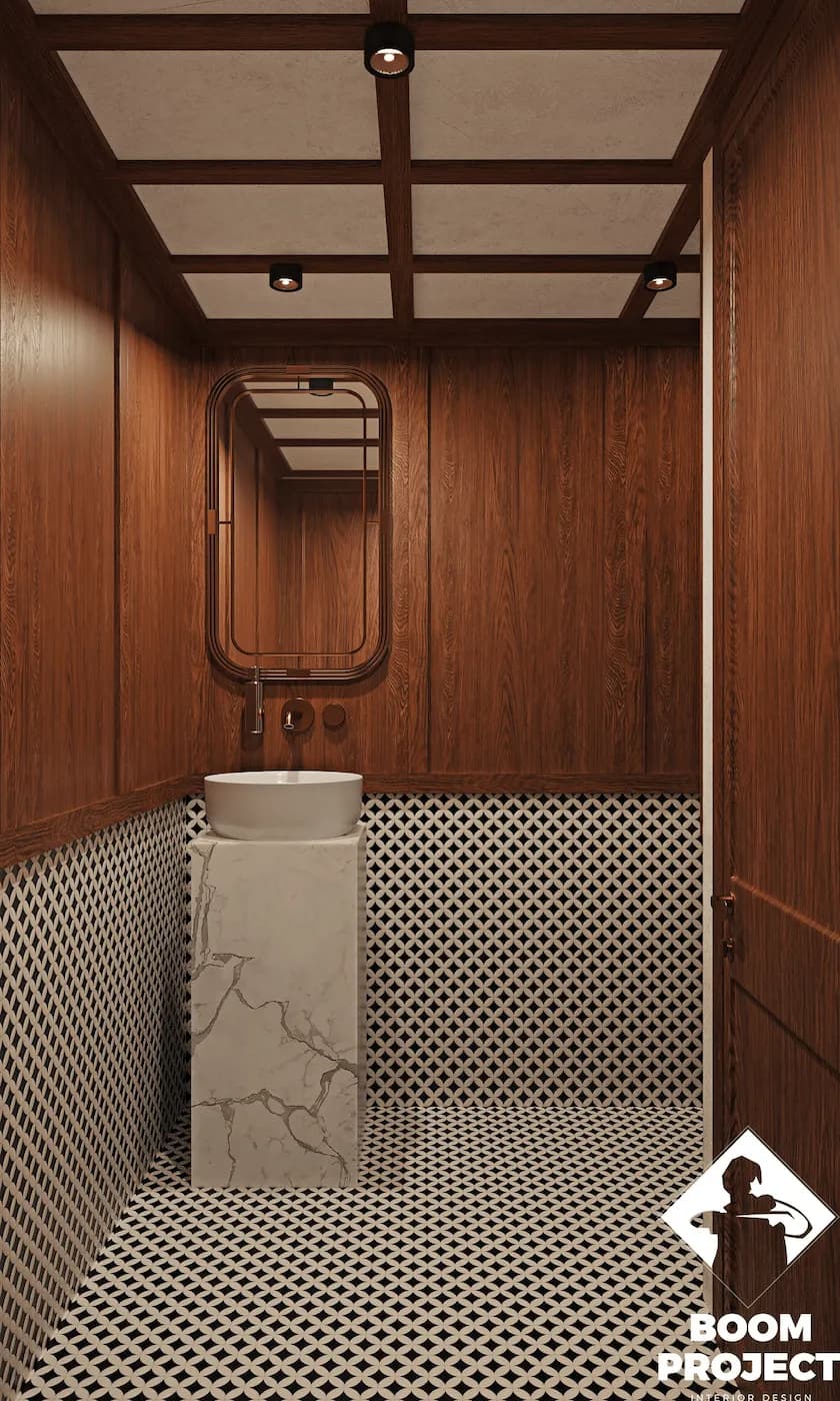 Irodion restroom with timber panelling, marble basin and black-and-white ceramic tiles