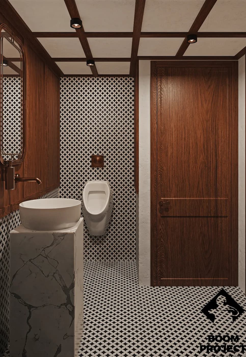 Compact restroom with patterned tile, timber door and decorative metal screen