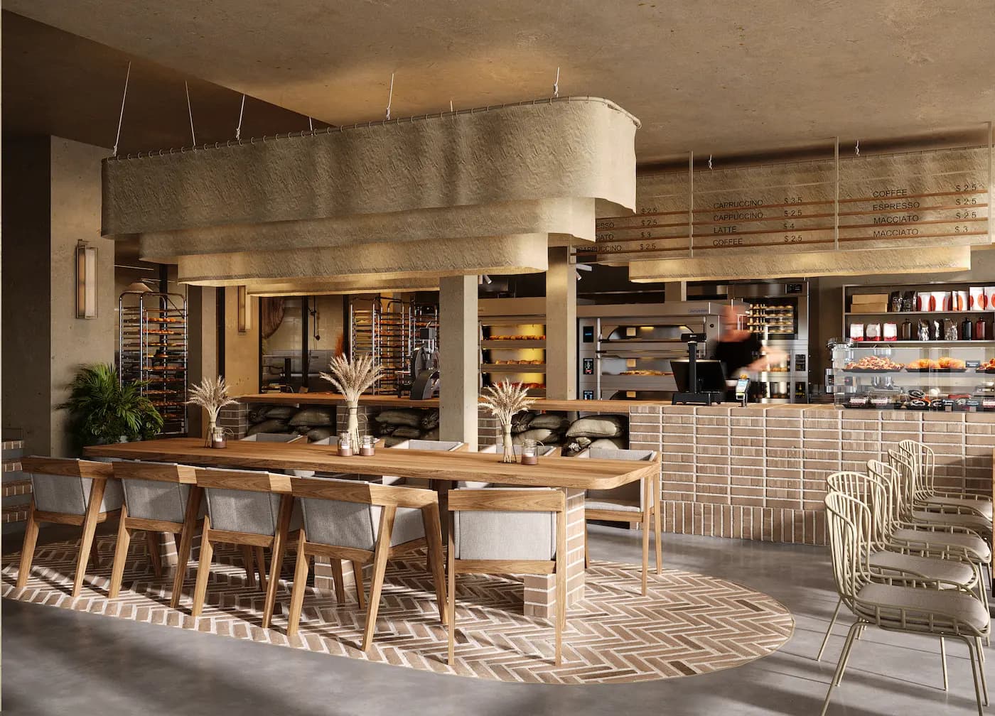 Massa Bakery counter with dark timber cladding, open product display and warm pendant lighting