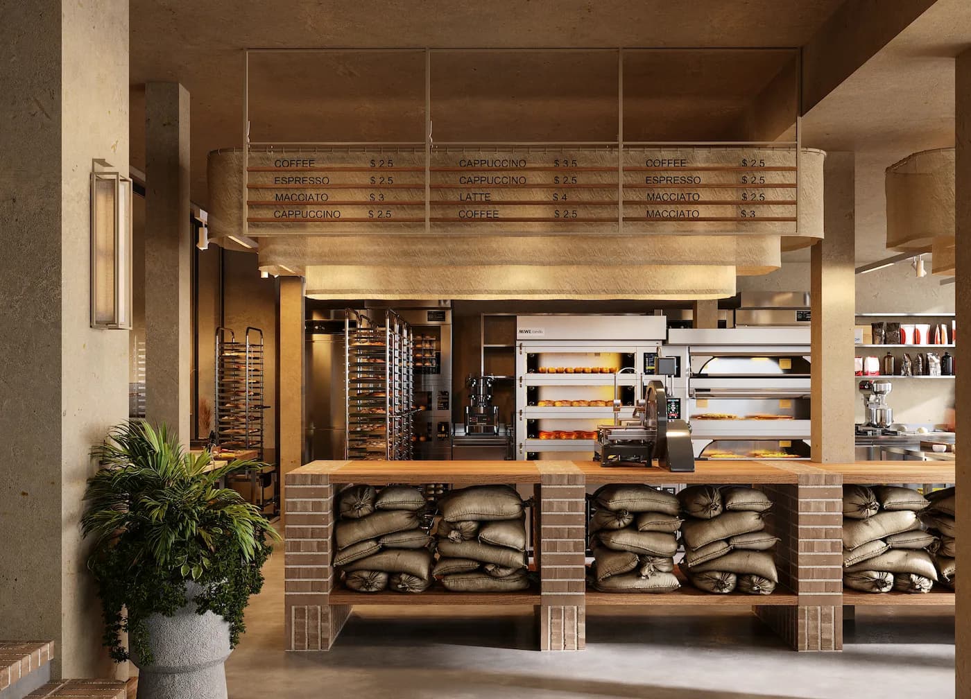 Massa Bakery interior with curved timber partitions, communal seating and layered warm lighting