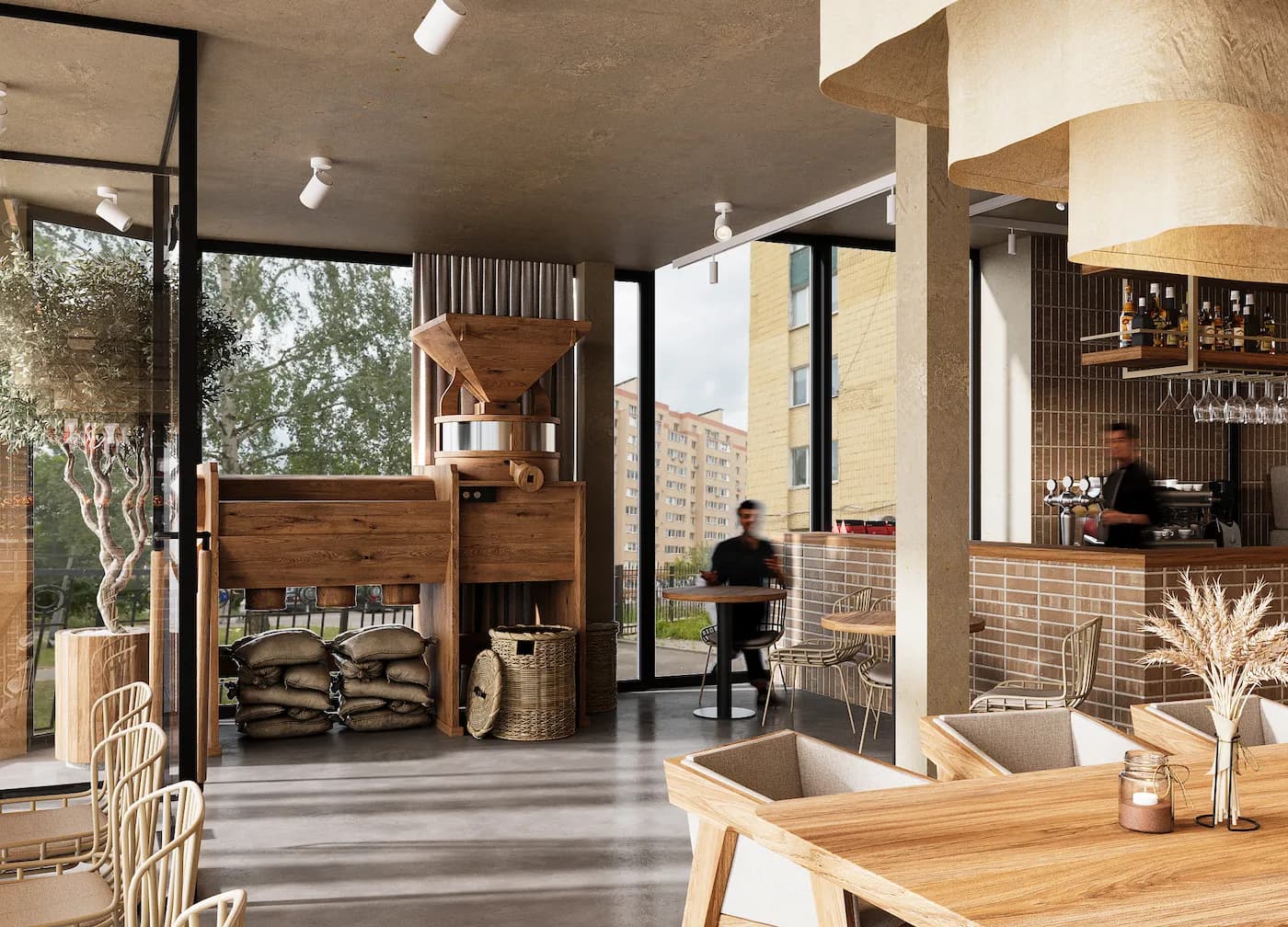 Bright bakery cafe with open kitchen, custom furniture and panoramic windows