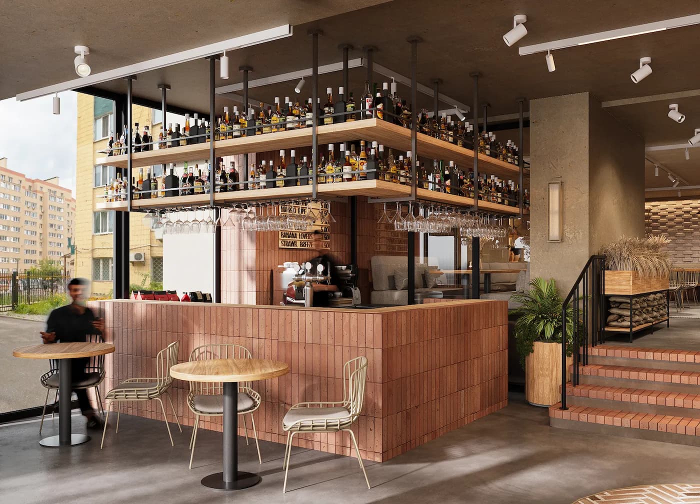 Contemporary dining area with textured stone tables, timber details and soft lighting
