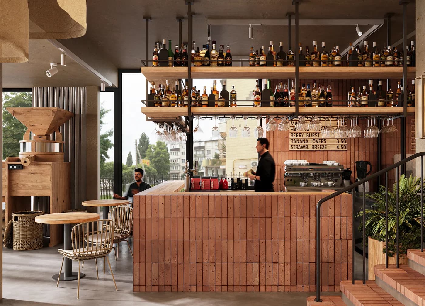 Massa Bakery seating area with sculptural ceiling, pale finishes and natural wood furniture