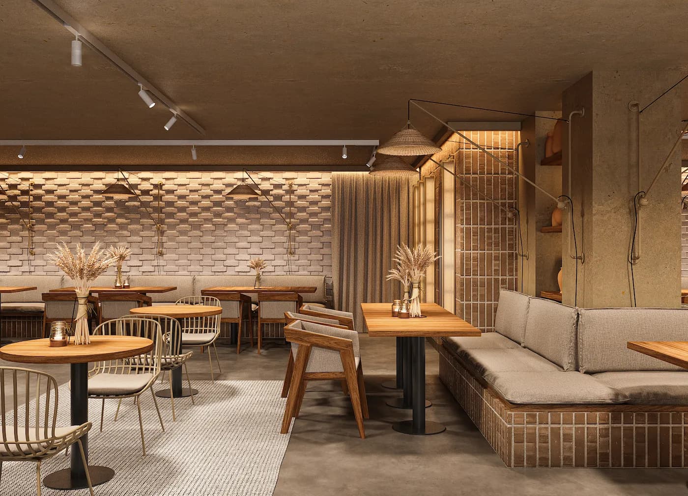 Spacious bakery cafe with communal tables, woven seating and indoor greenery