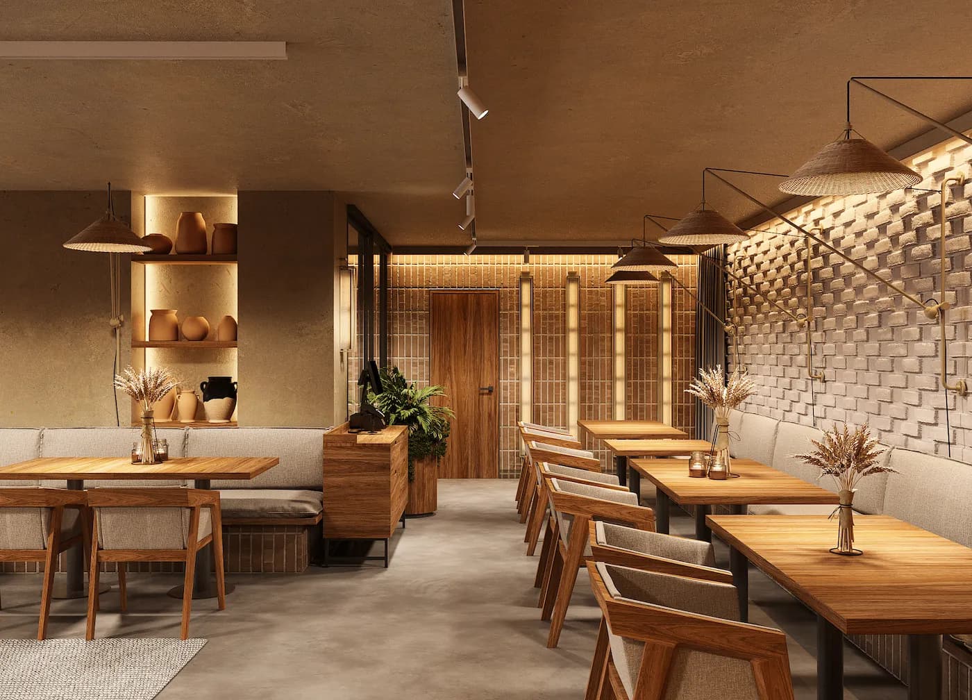 Contemporary bakery interior with open counter, natural materials and panoramic glazing