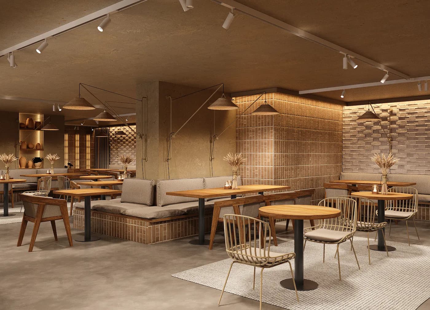 Massa Bakery entrance zone with curved timber details, integrated lighting and indoor planting