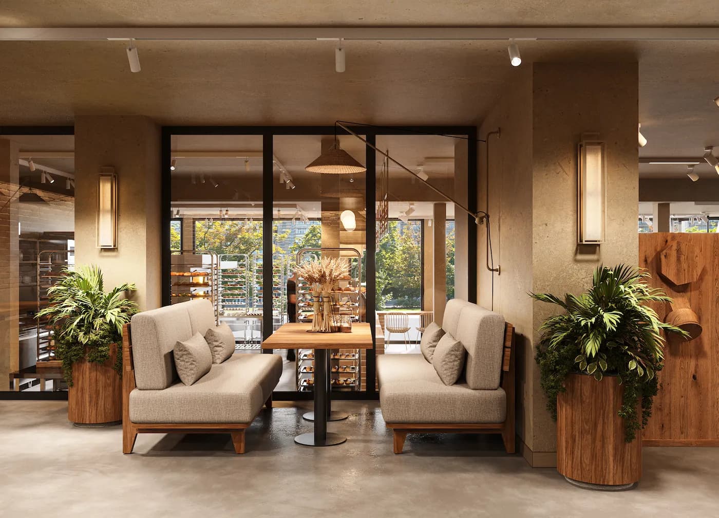 Comfortable cafe lounge with sculptural wall lighting and custom upholstered furniture