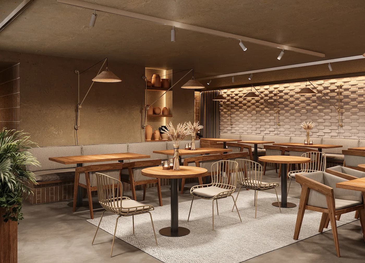 Light-filled bakery dining area with natural timber furniture and panoramic street views
