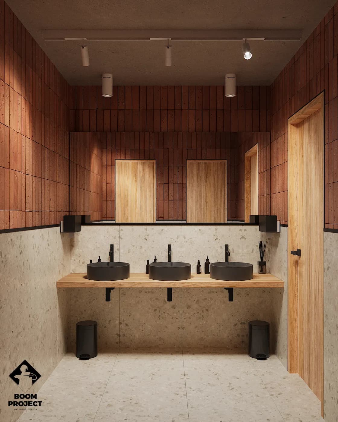 Massa Bakery service counter with perforated timber panels, stone surface and integrated lighting