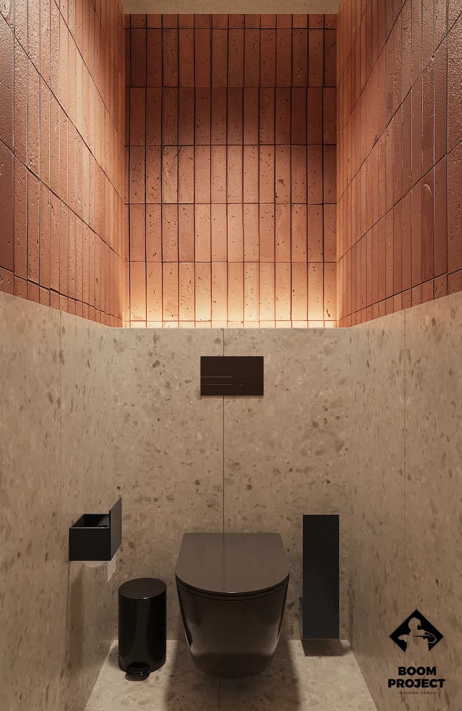 Open bakery preparation area framed by curved timber cladding and a textured stone counter