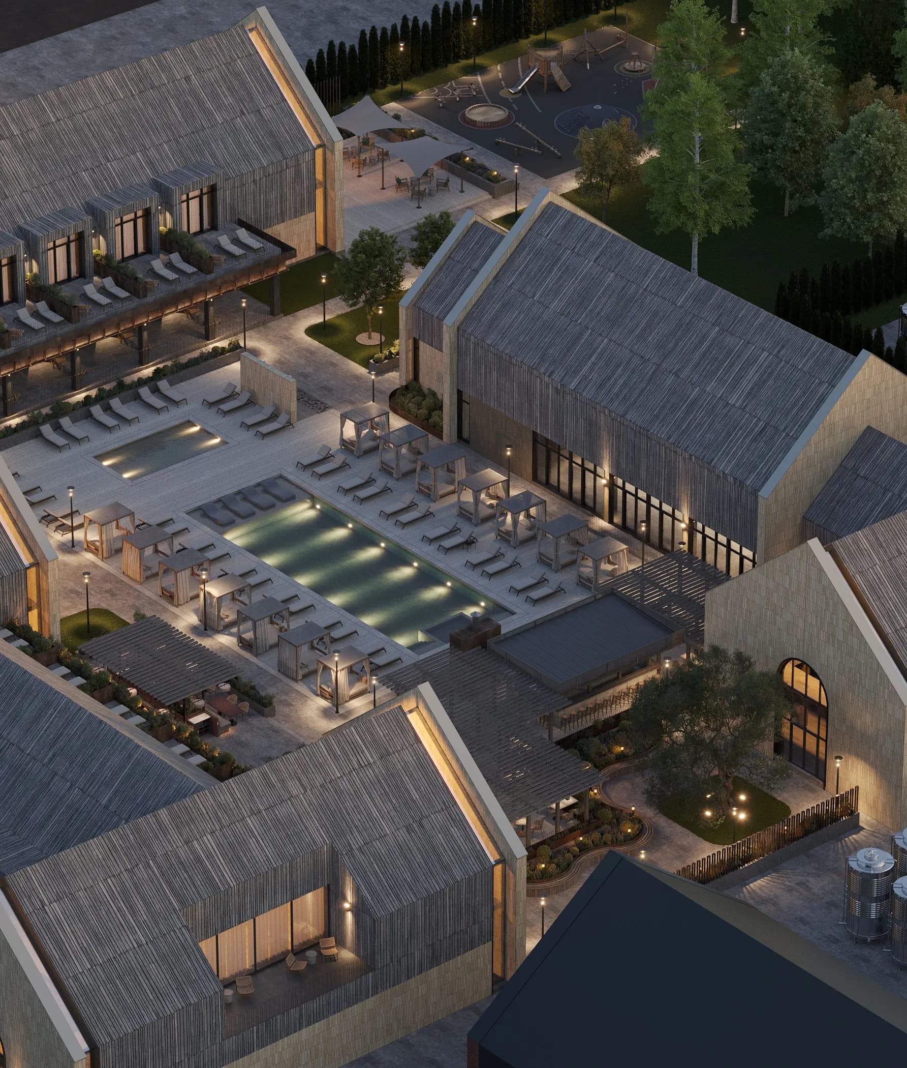 Aerial view of the Shampan winery complex with pool and courtyard at dusk