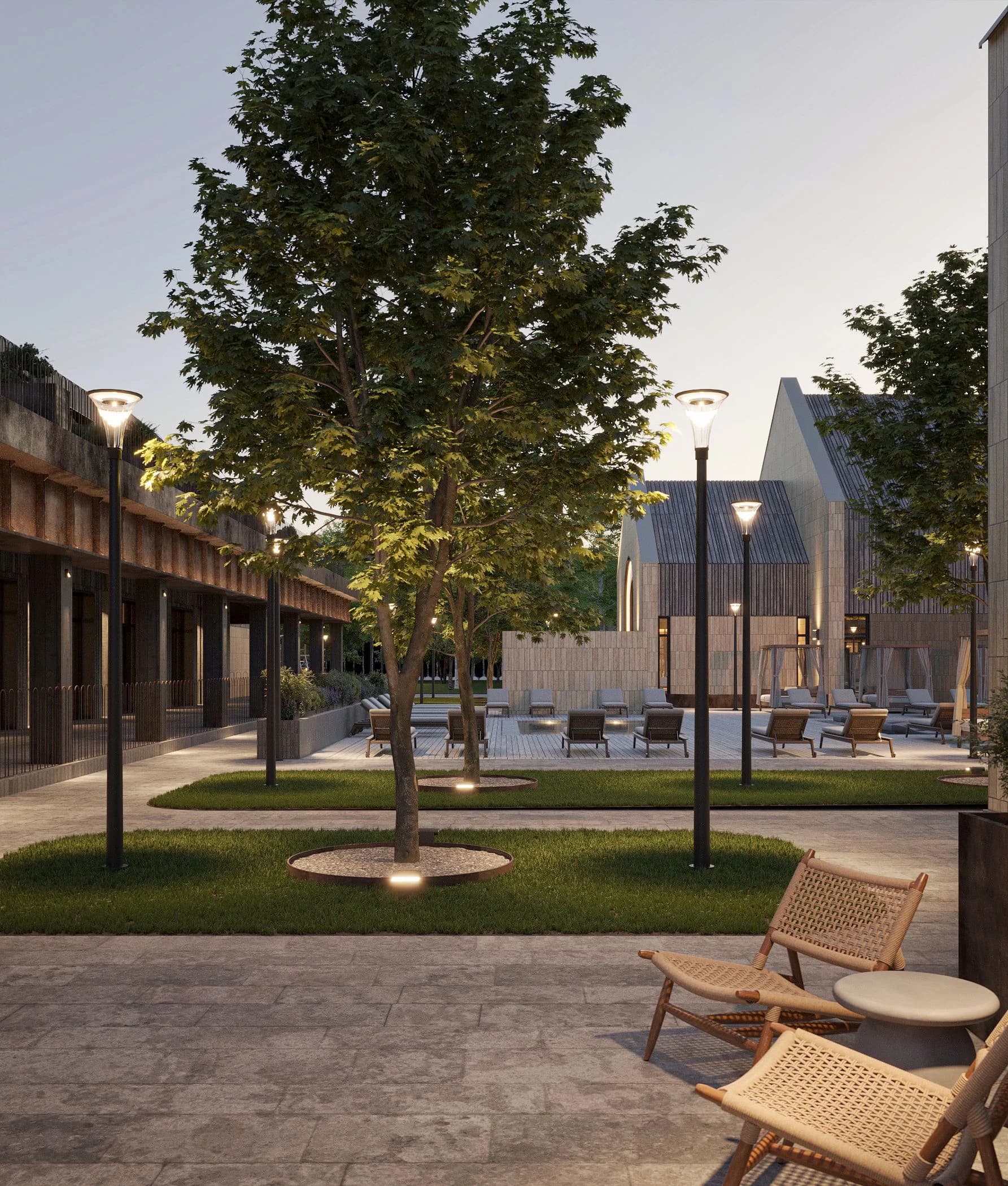 Landscaped courtyard path with lawn, benches and string lighting
