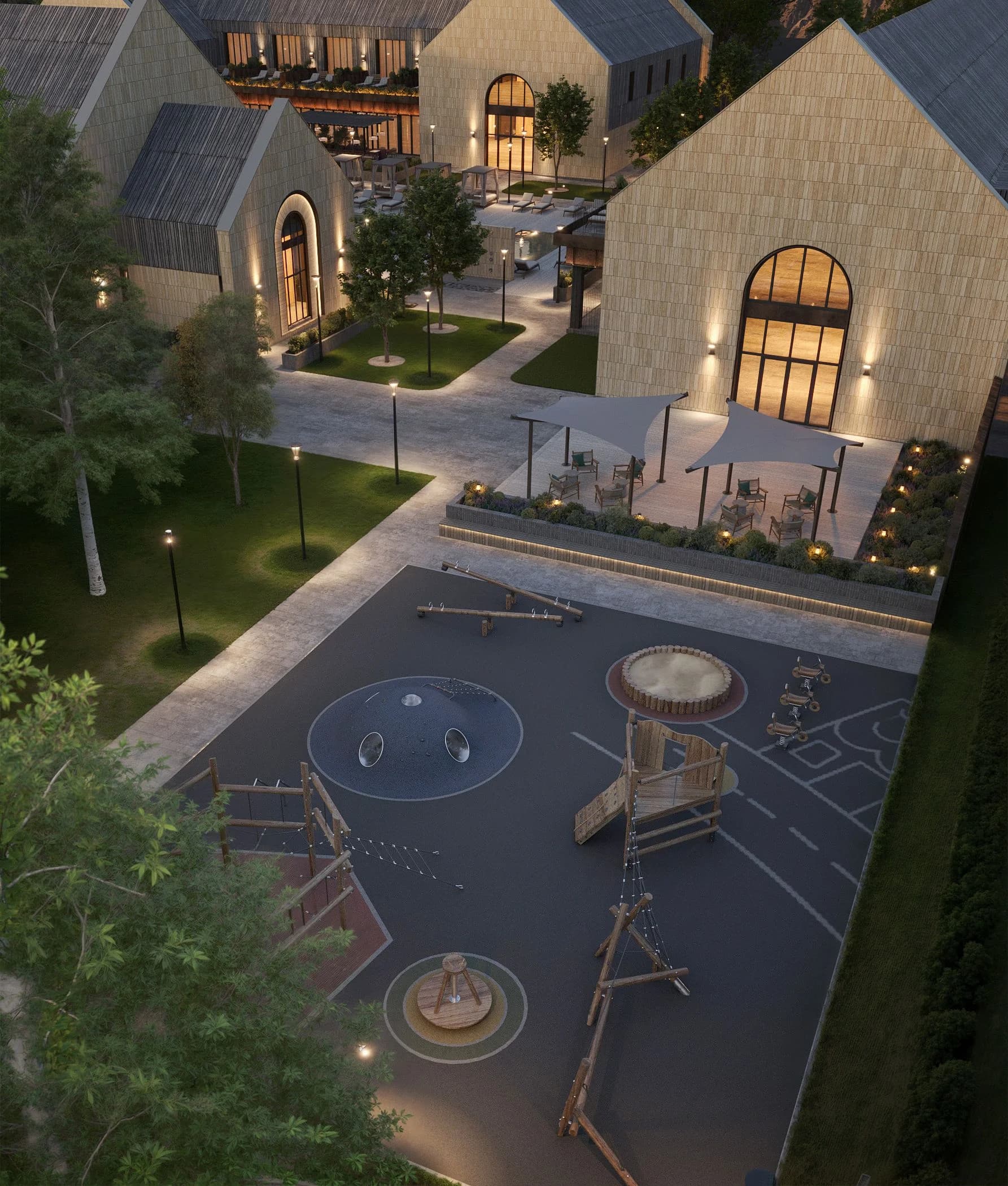 Aerial view of the plaza with a fountain, paved walkways and landscaping