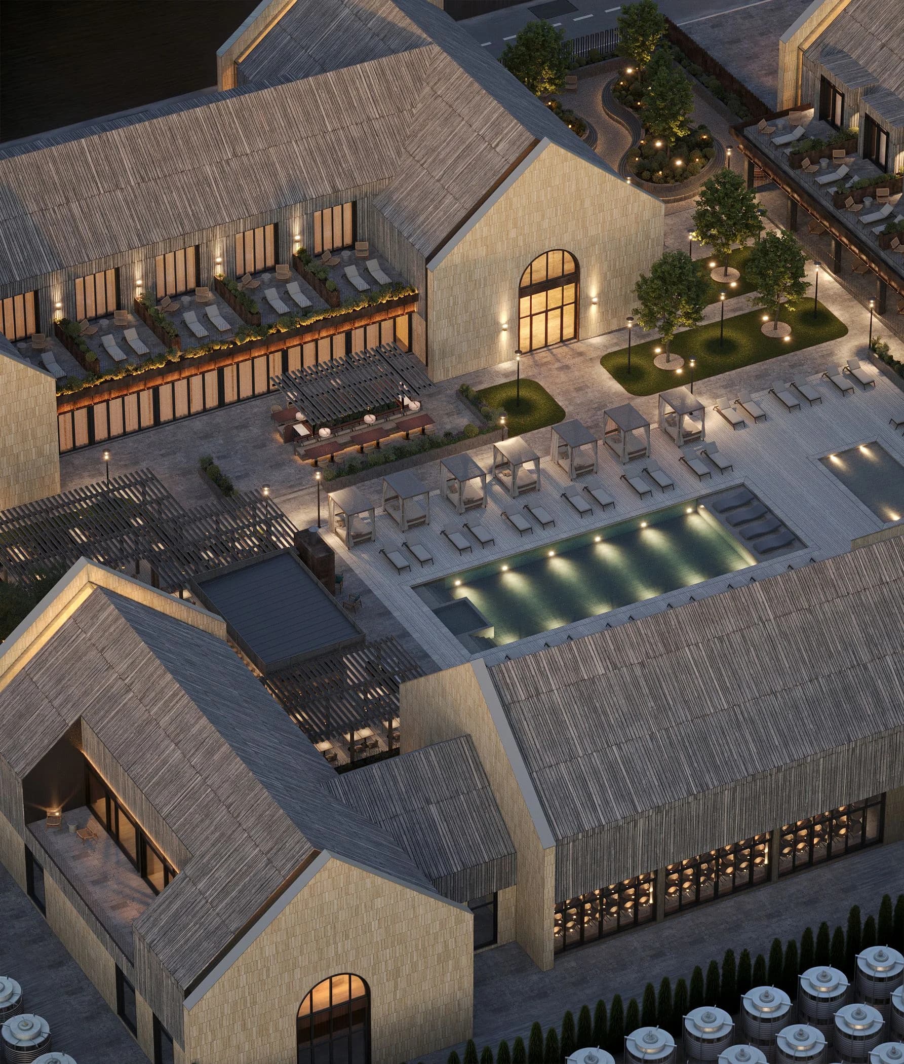 Aerial view of the pool terrace with loungers in the inner courtyard