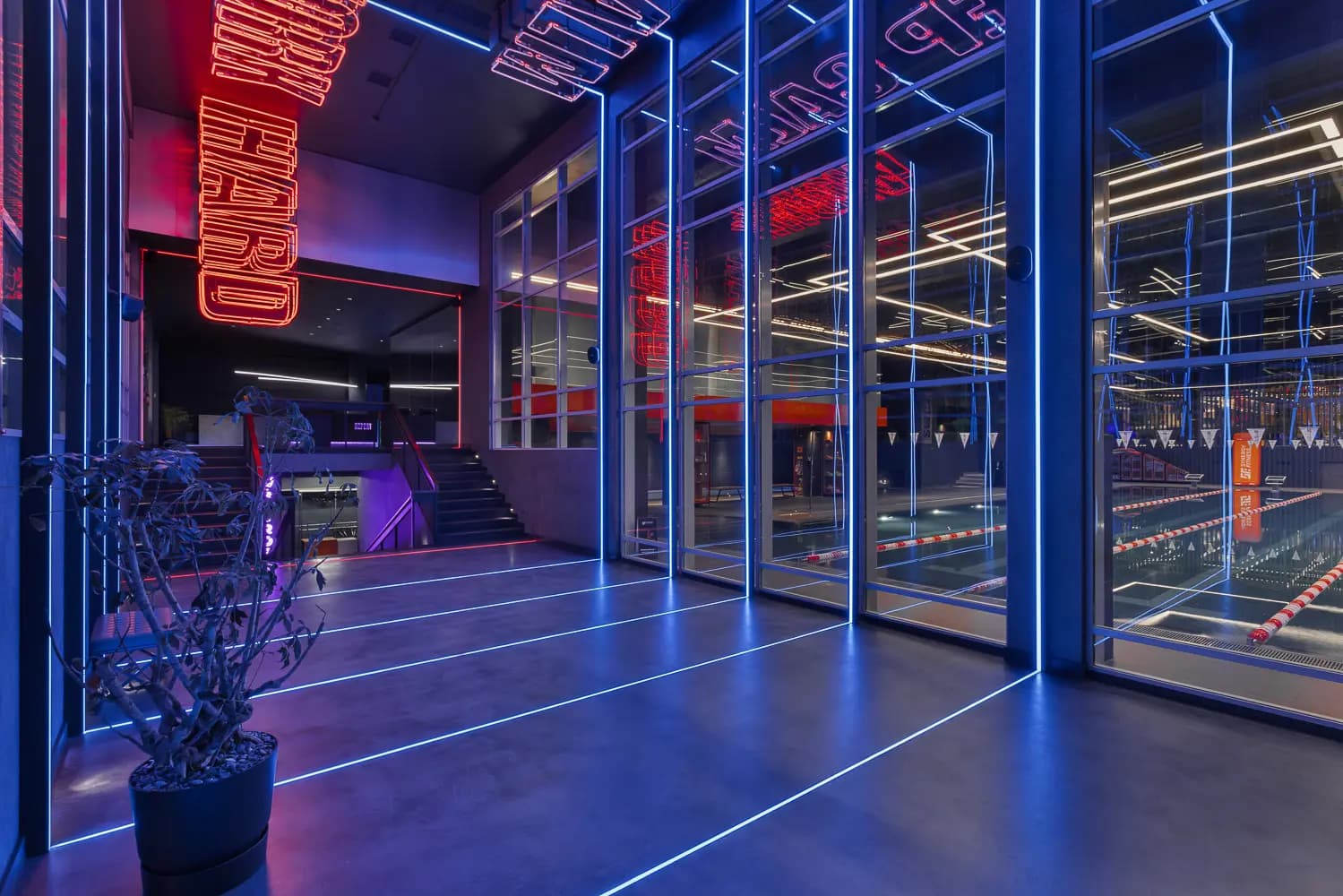Cardio zone with rows of treadmills, circular pendant lights and orange wayfinding lines.