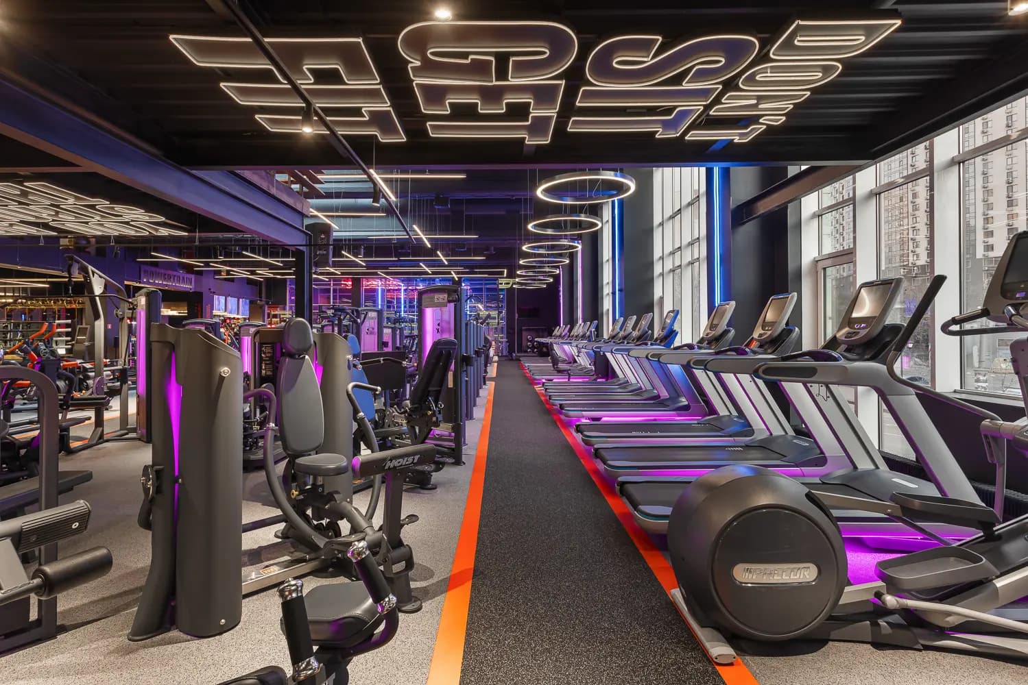 Main fitness hall with strength equipment, orange circulation routes and geometric ceiling lights.