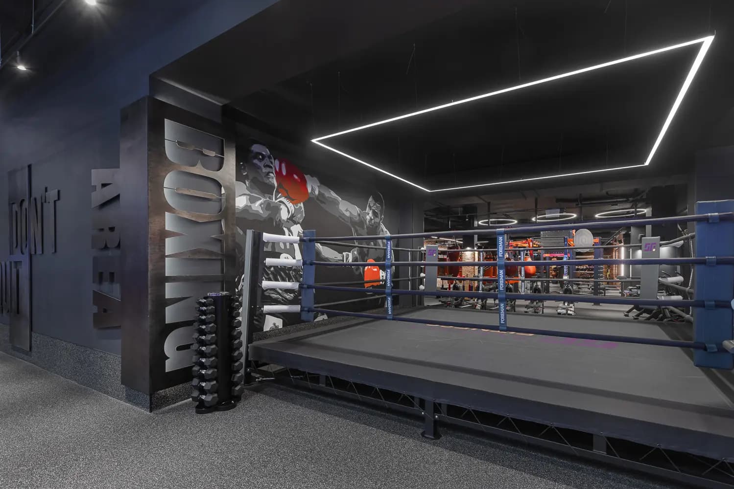 Boxing ring with illuminated ropes, dark finishes and linear ceiling lighting.