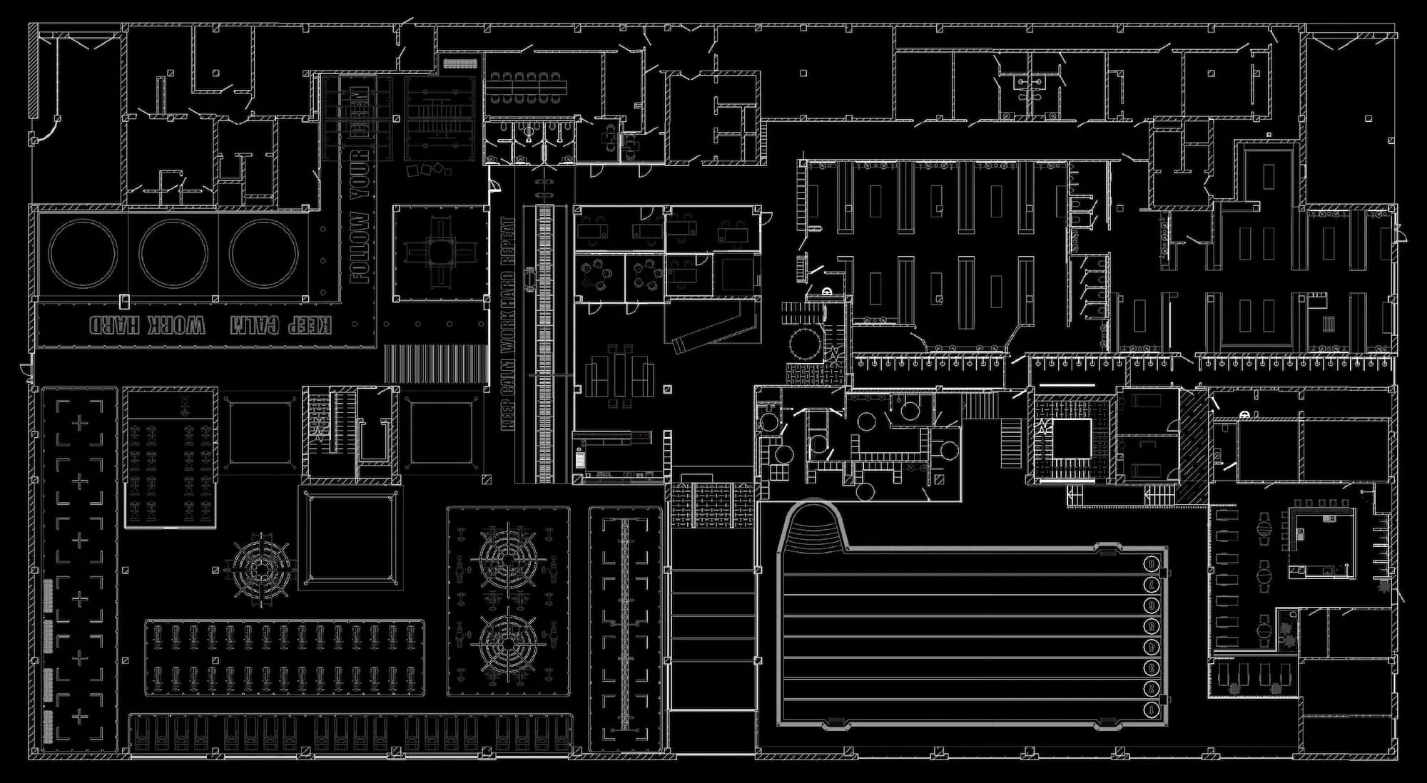 Detailed technical floor plan for the fitness, spa and circulation areas.