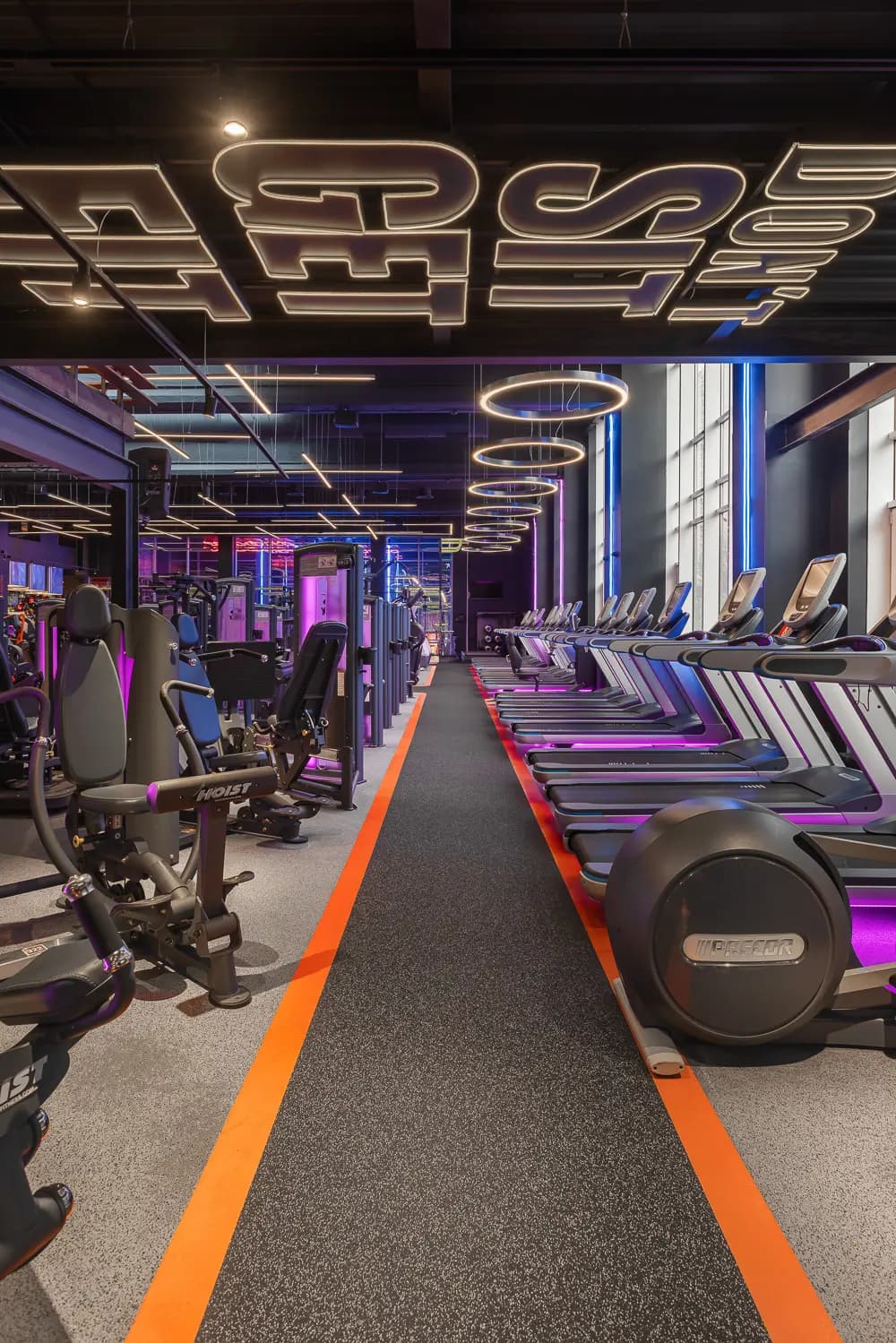 Cardio zone with treadmills, purple lighting and an orange circulation line.