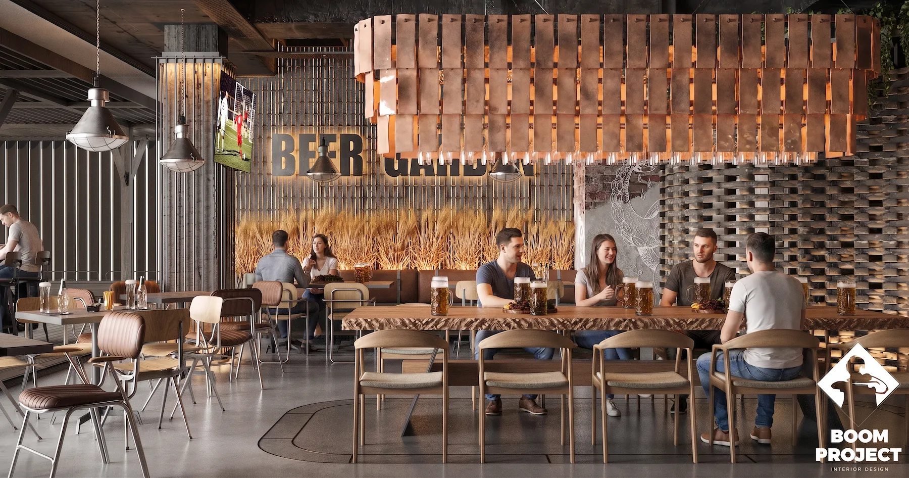 Beer Garden grill restaurant in Chișinău with an open kitchen, brick walls, raw concrete and warm industrial lighting