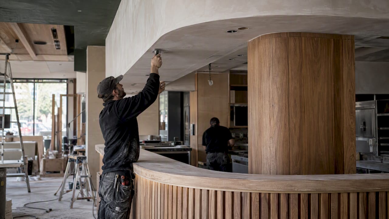 Custom bar front meeting ceiling soffit