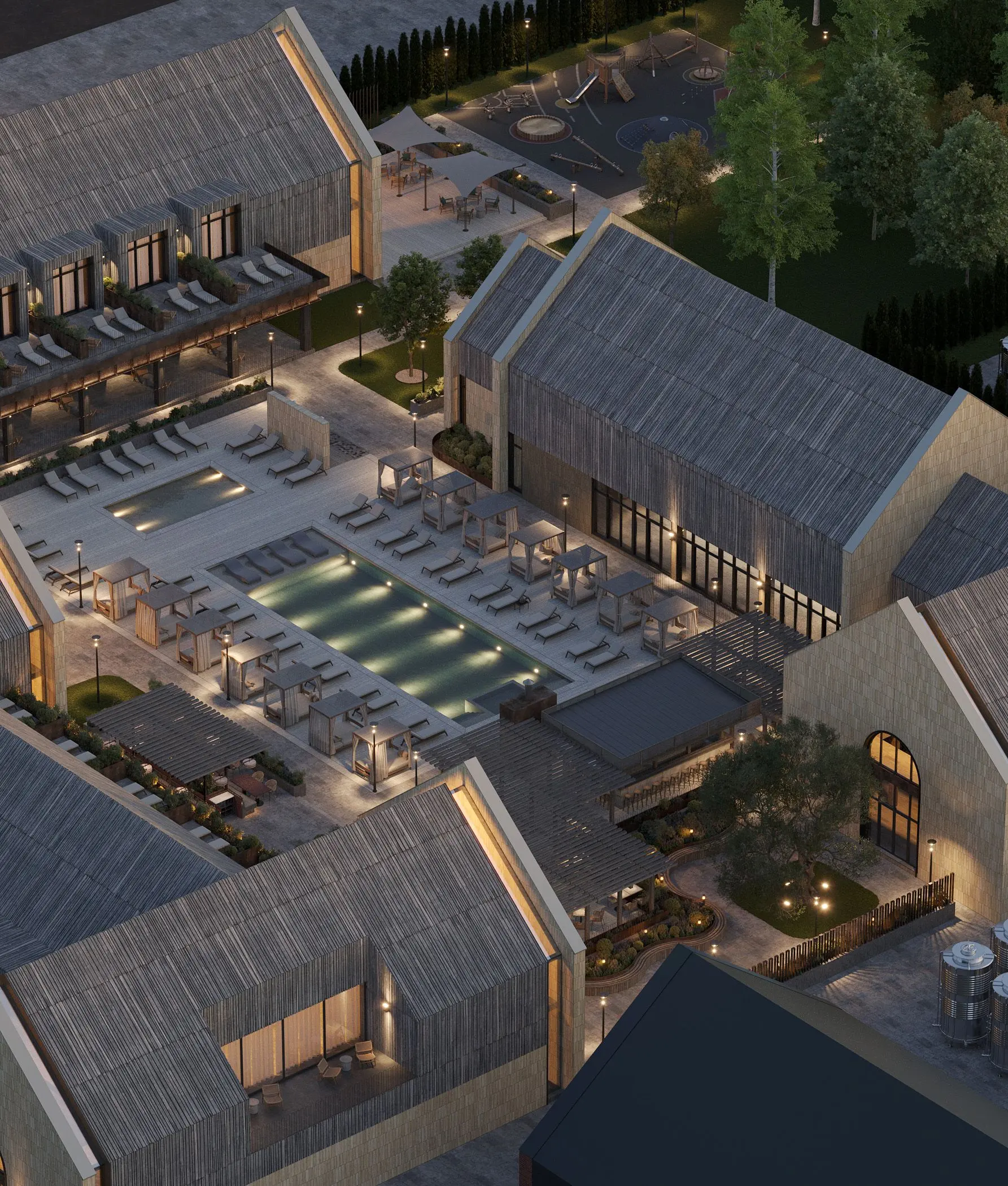 Aerial view of the Shampan winery complex with pool and courtyard at dusk