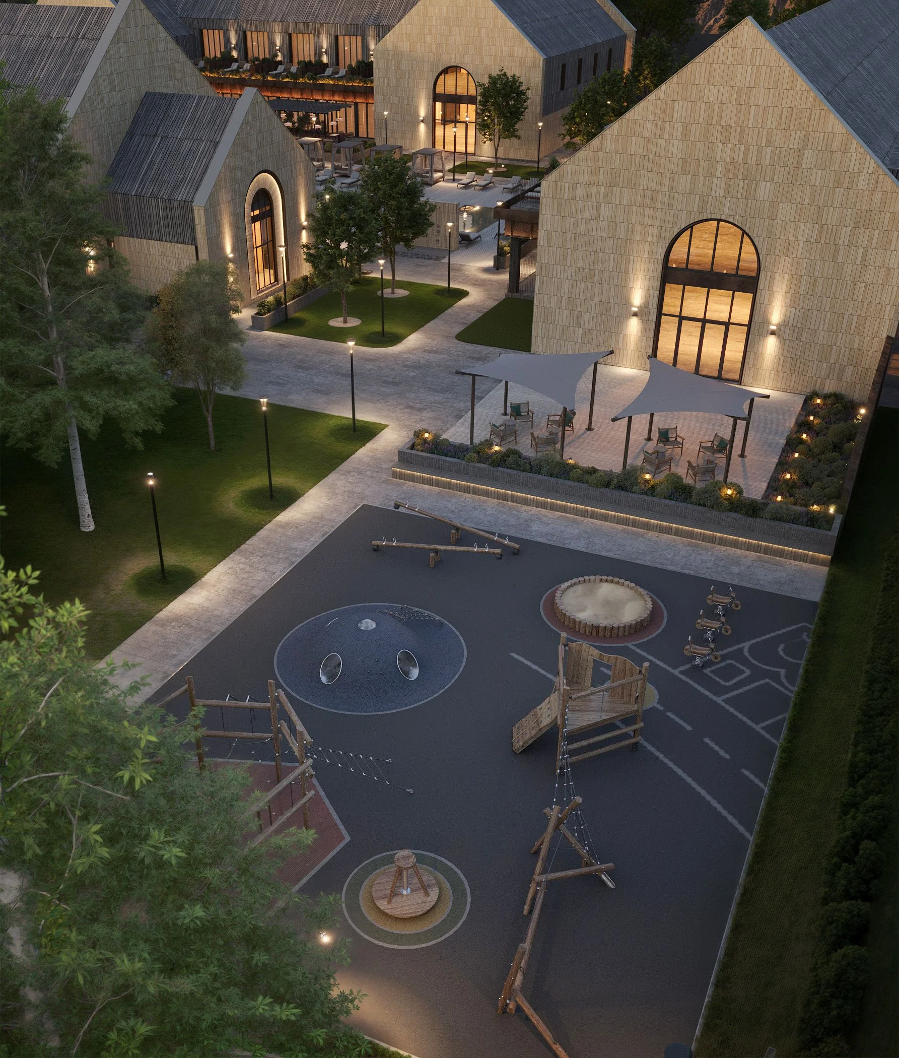 Aerial view of the plaza with a fountain, paved walkways and landscaping