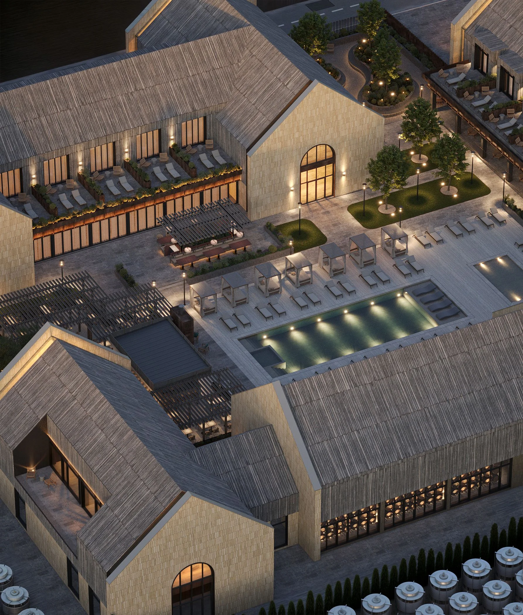 Aerial view of the pool terrace with loungers in the inner courtyard